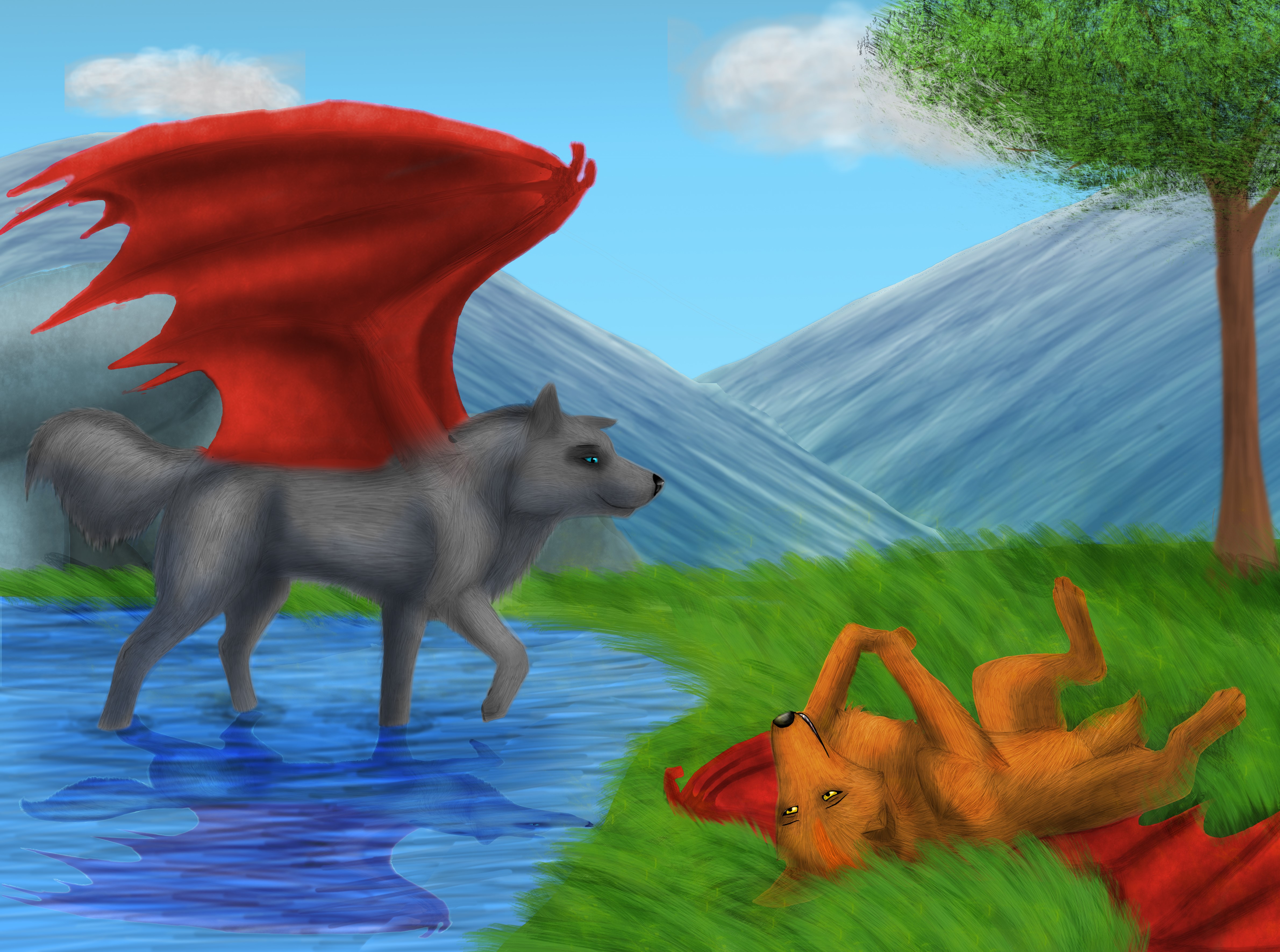 Wolf with red wings and a dog in a landscape HD Wallpaper