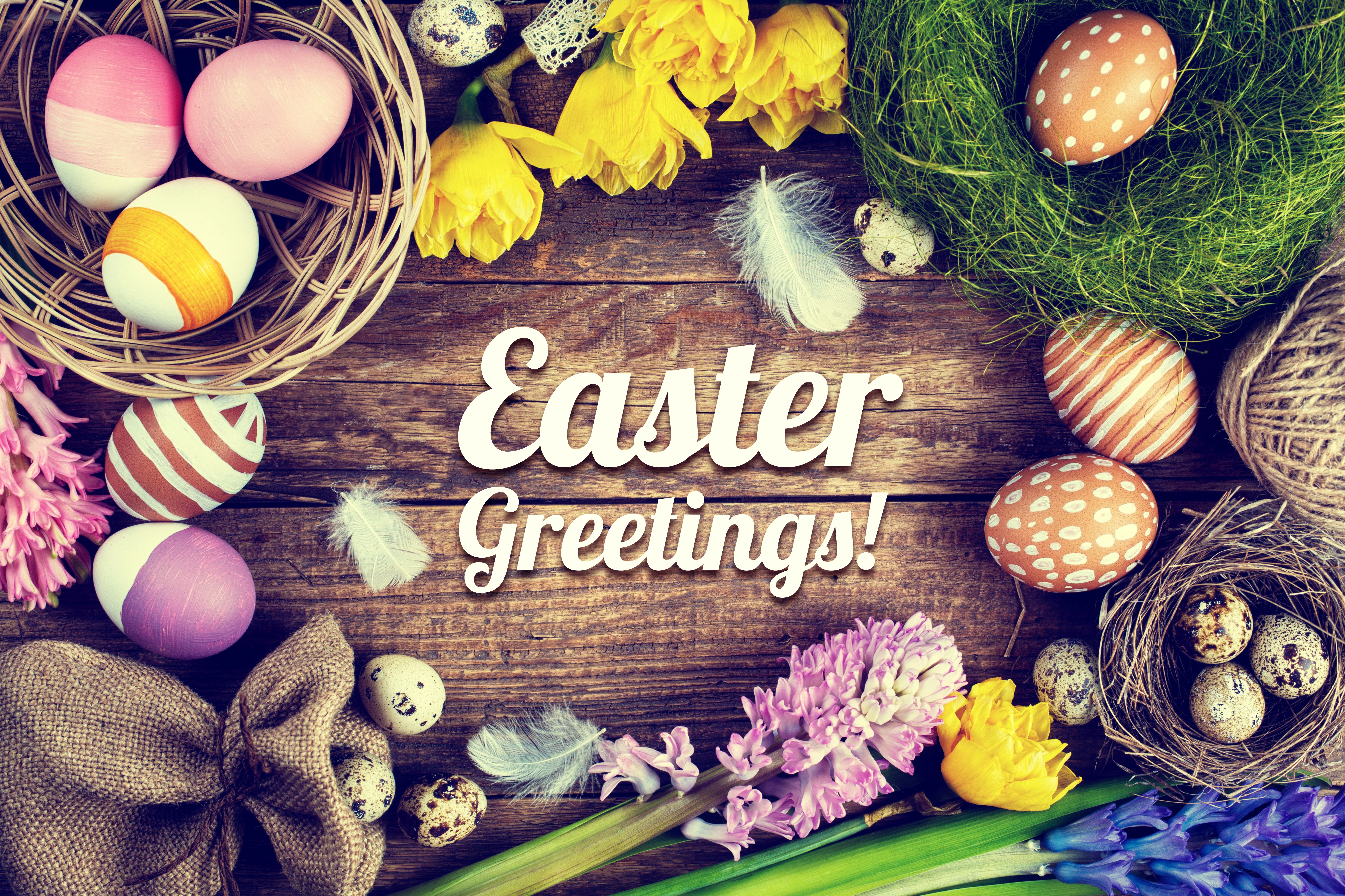 Easter Greetings with Eggs and Flowers HD Wallpaper