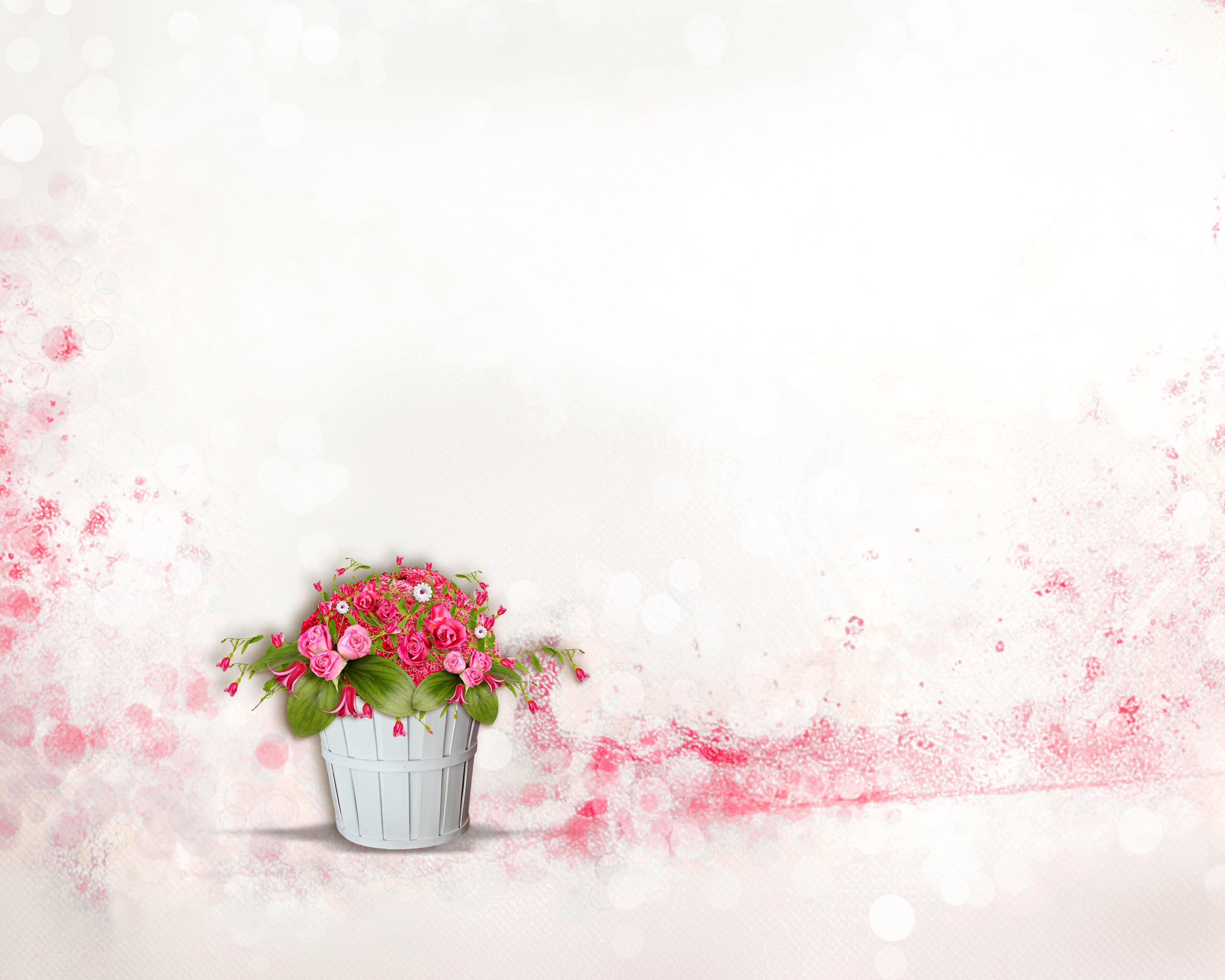 Pink roses in a white bucket with pink floral accents HD Wallpaper