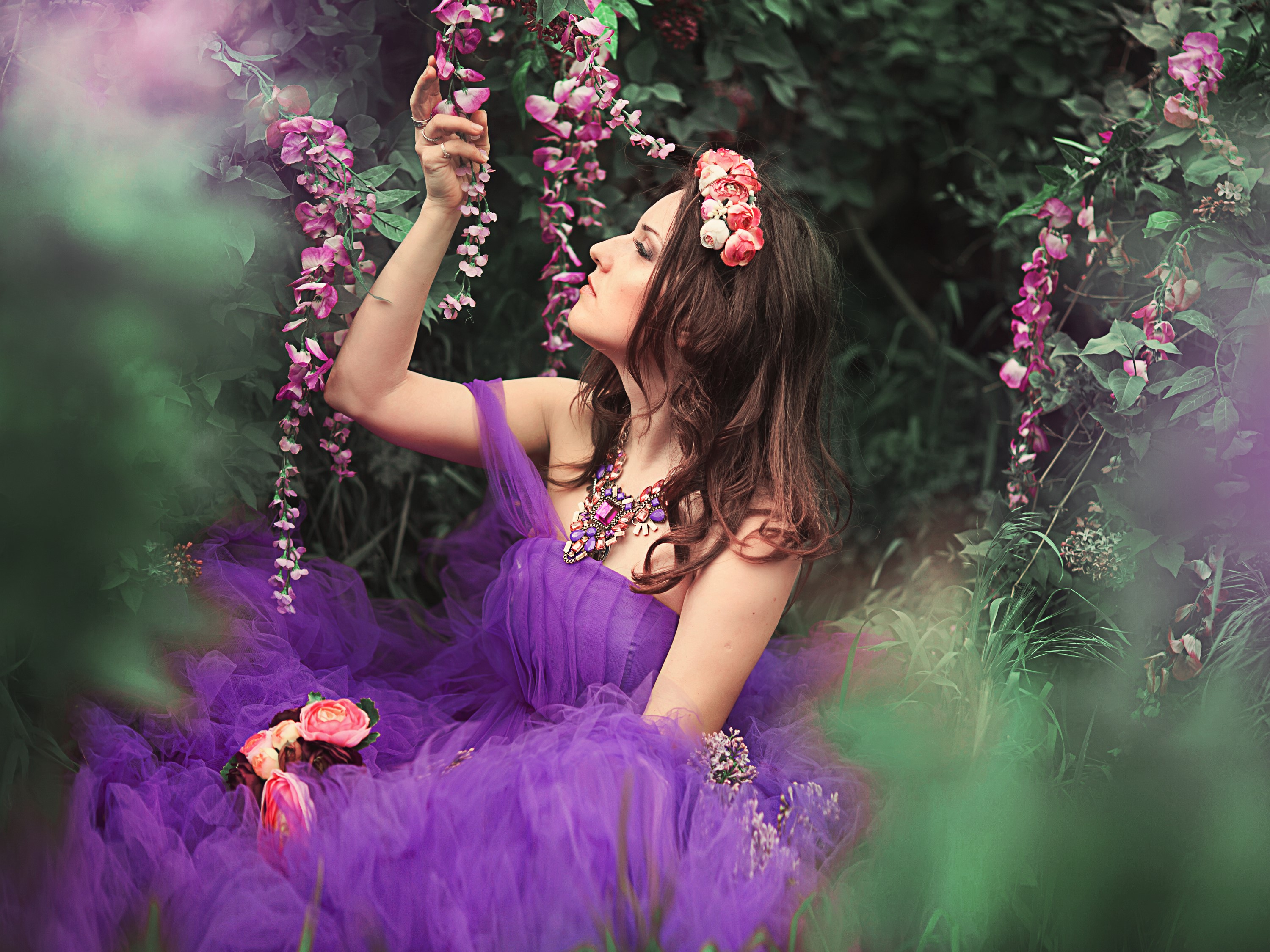 Woman in purple dress with flowers HD Wallpaper