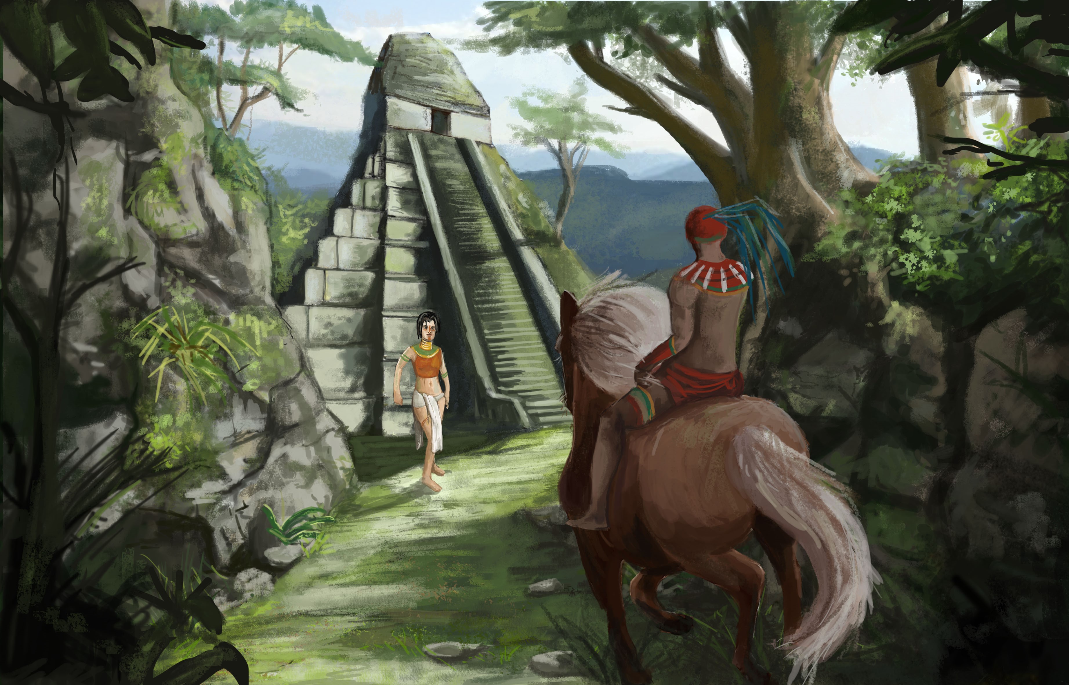 Two warriors near a Mayan pyramid in a jungle HD Wallpaper