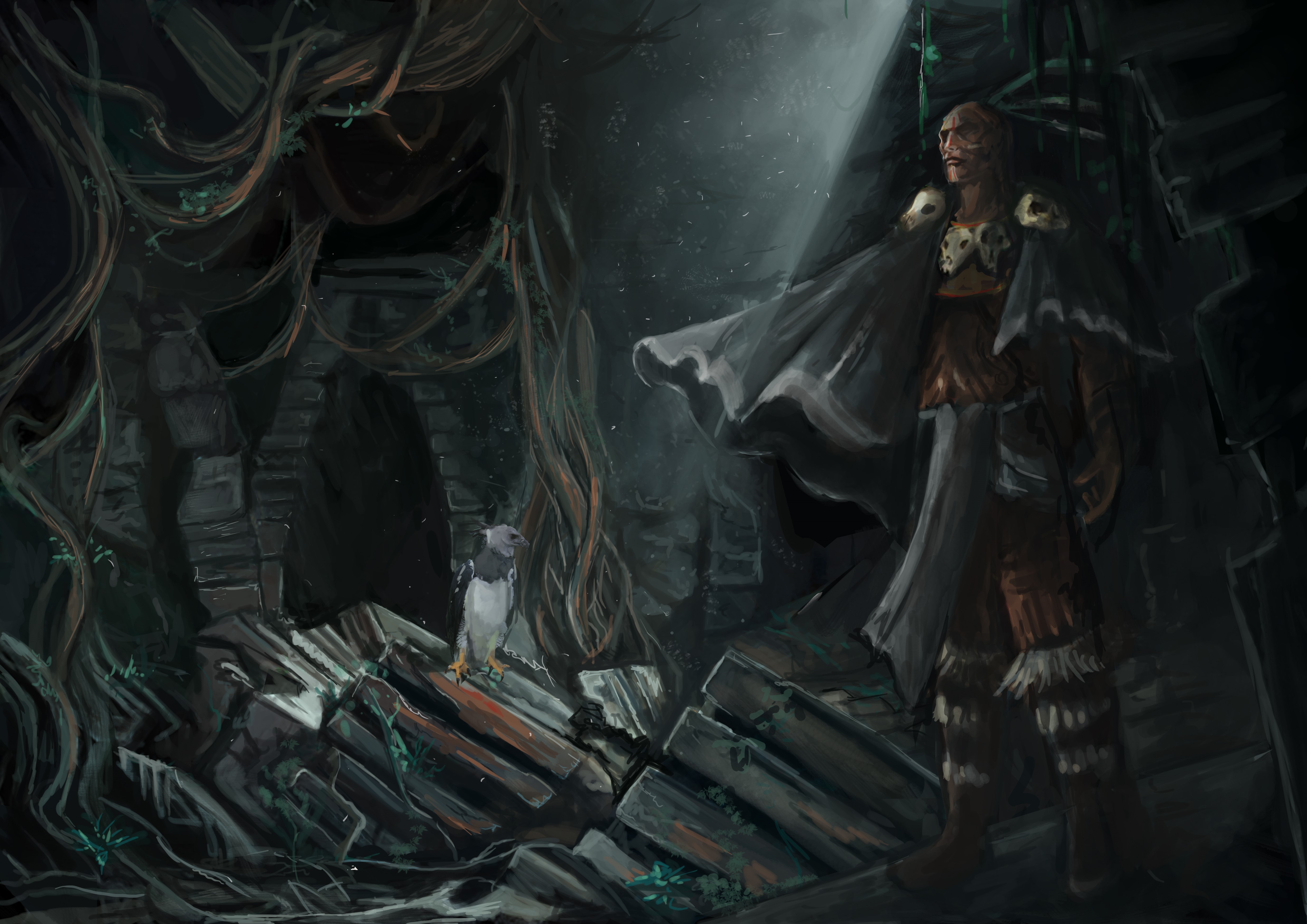Warrior with skulls and a bird in a ruin HD Wallpaper