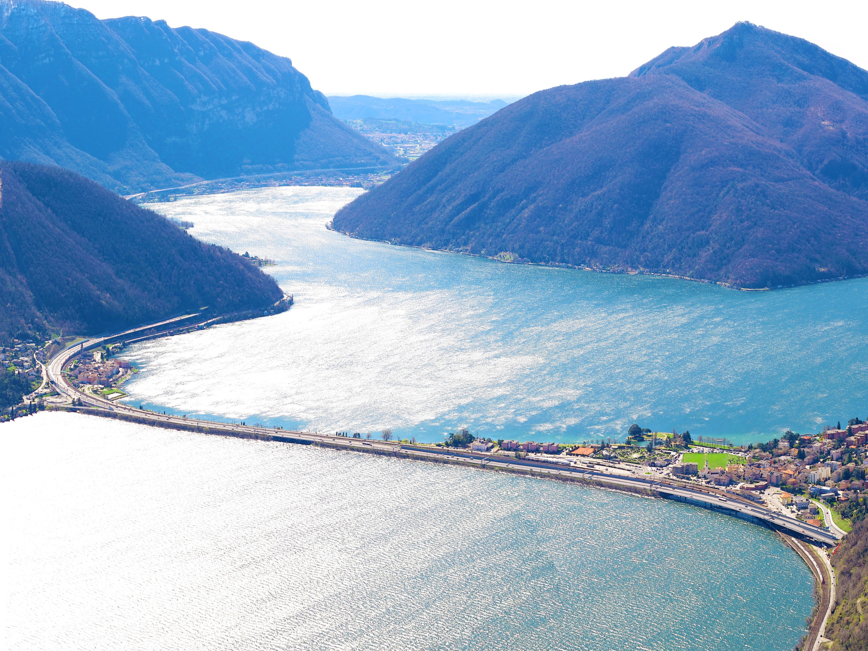 Lake Lugano with Mountains and Road HD Wallpaper
