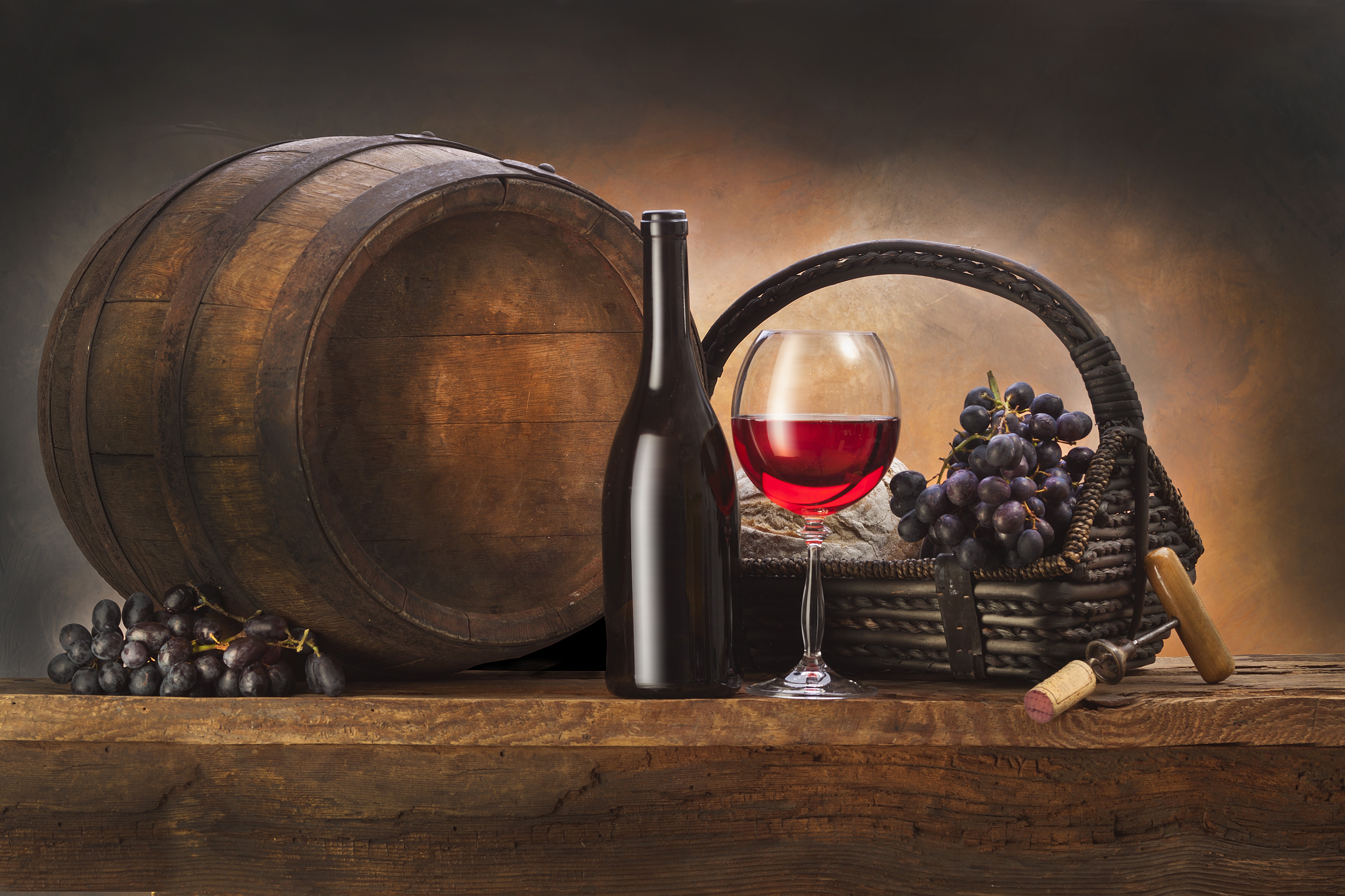 Barrel, Wine Bottle, Wine Glass, Grapes, and Corkscrew HD Wallpaper