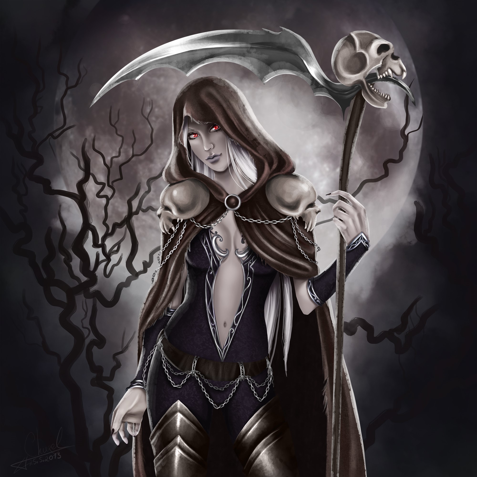 Gothic Grim Reaper with Scythe and Moon HD Wallpaper