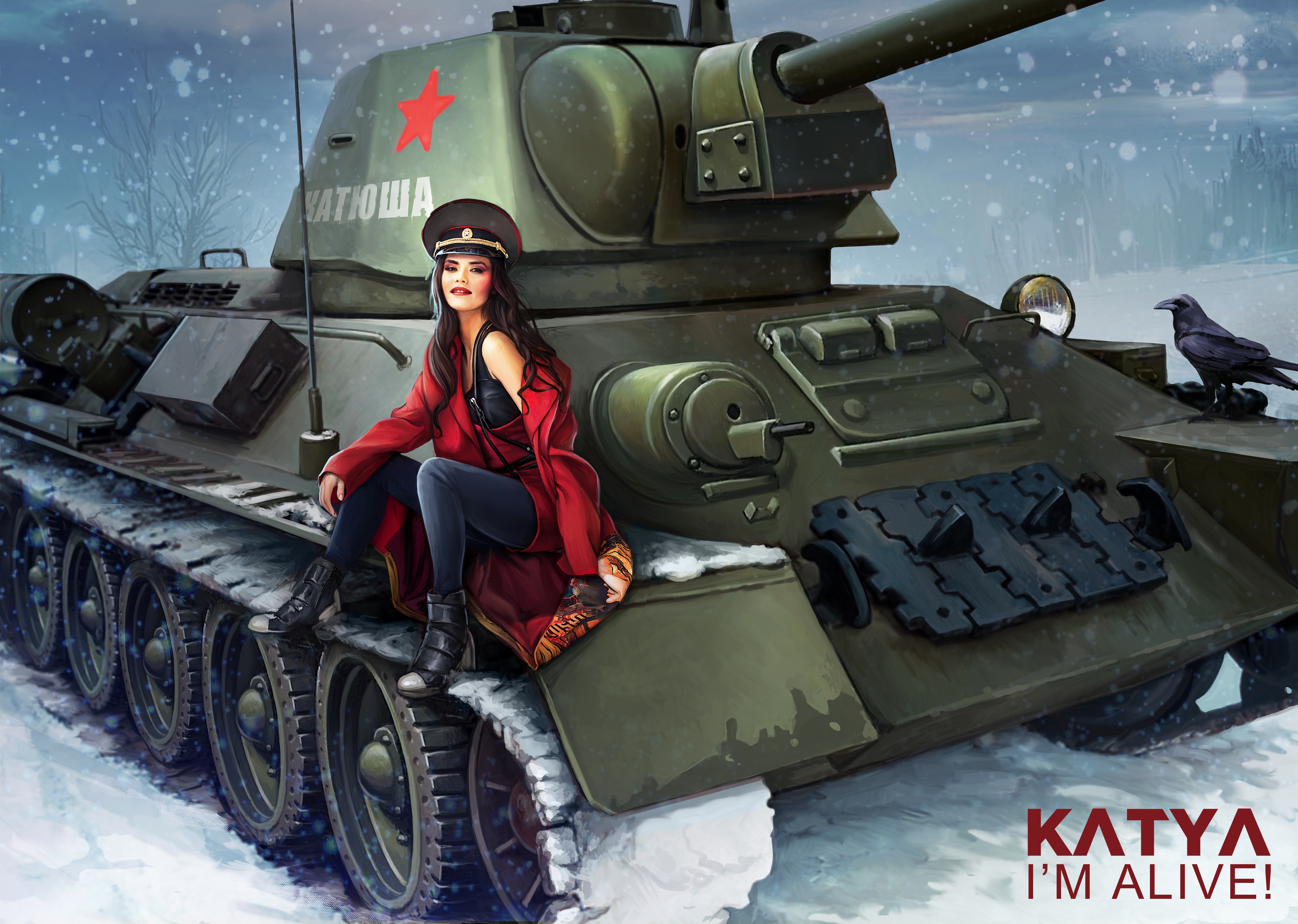 Katya Lee from World of Tanks with T-34-76 tank HD Wallpaper