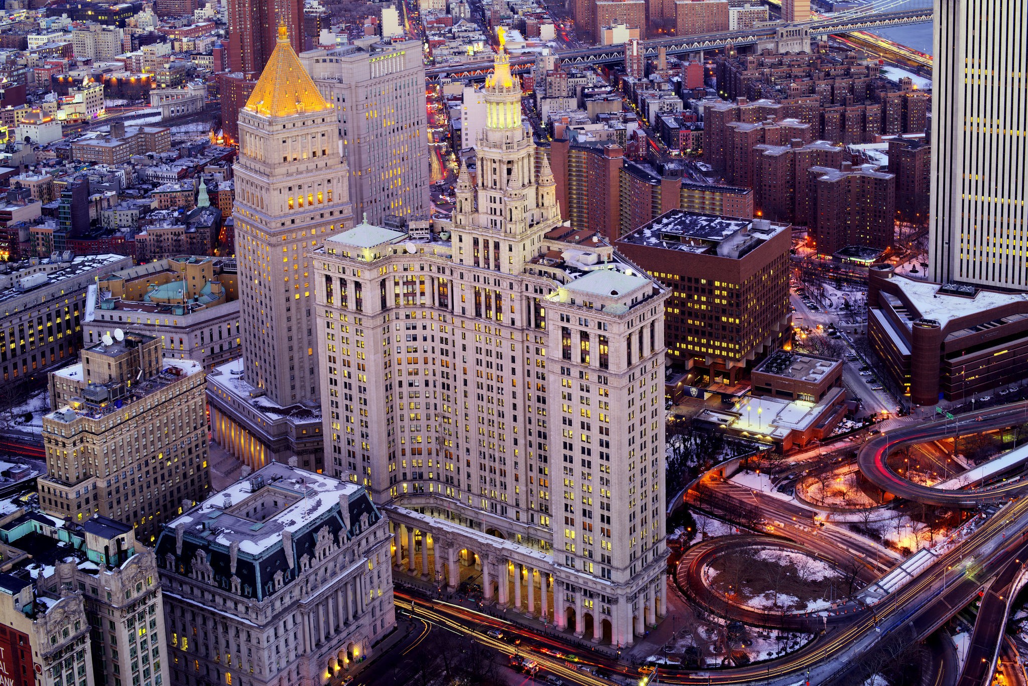 New York City skyline with buildings and highway at dusk HD Wallpaper