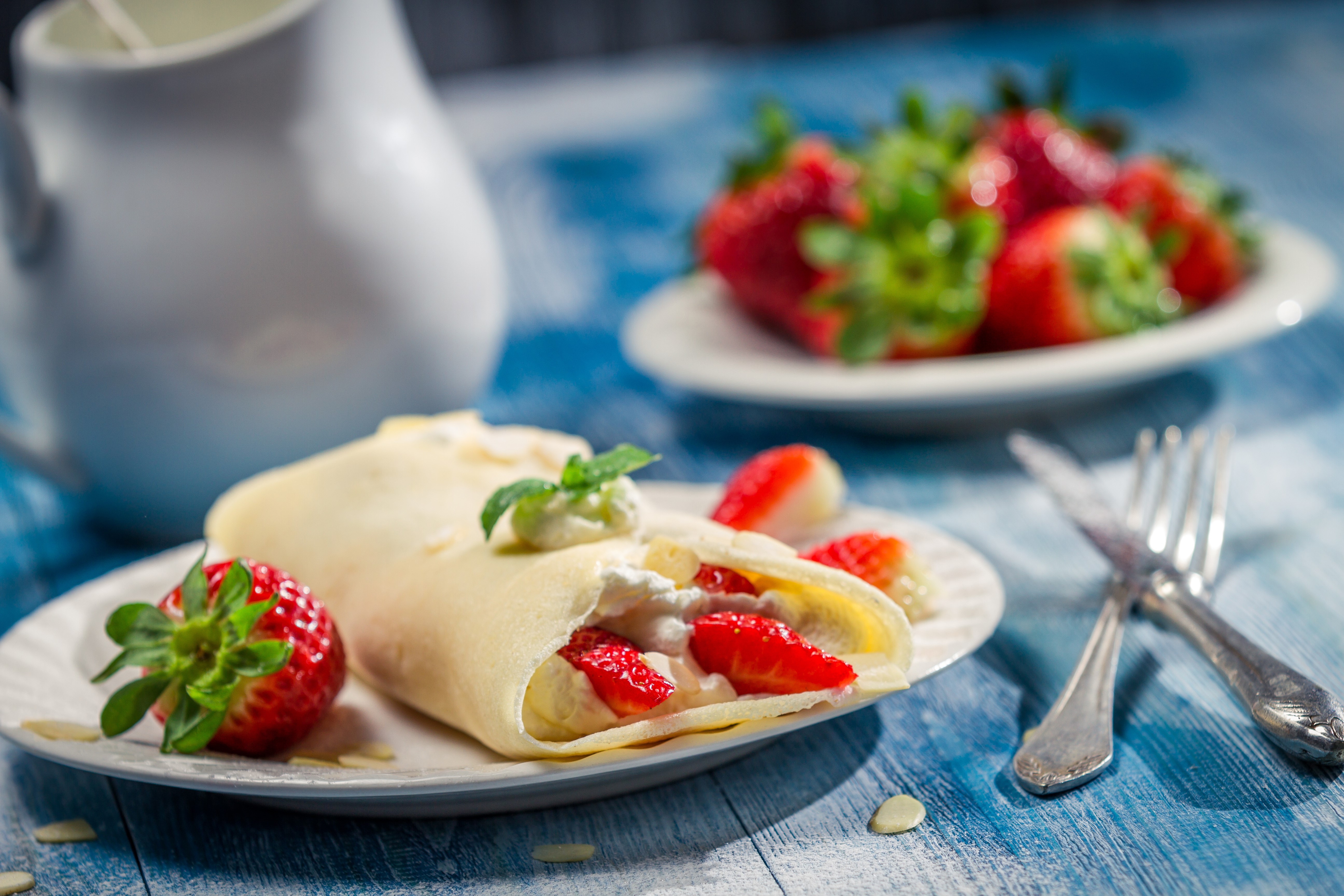 Strawberry Crepes with Whipped Cream and Mint HD Wallpaper