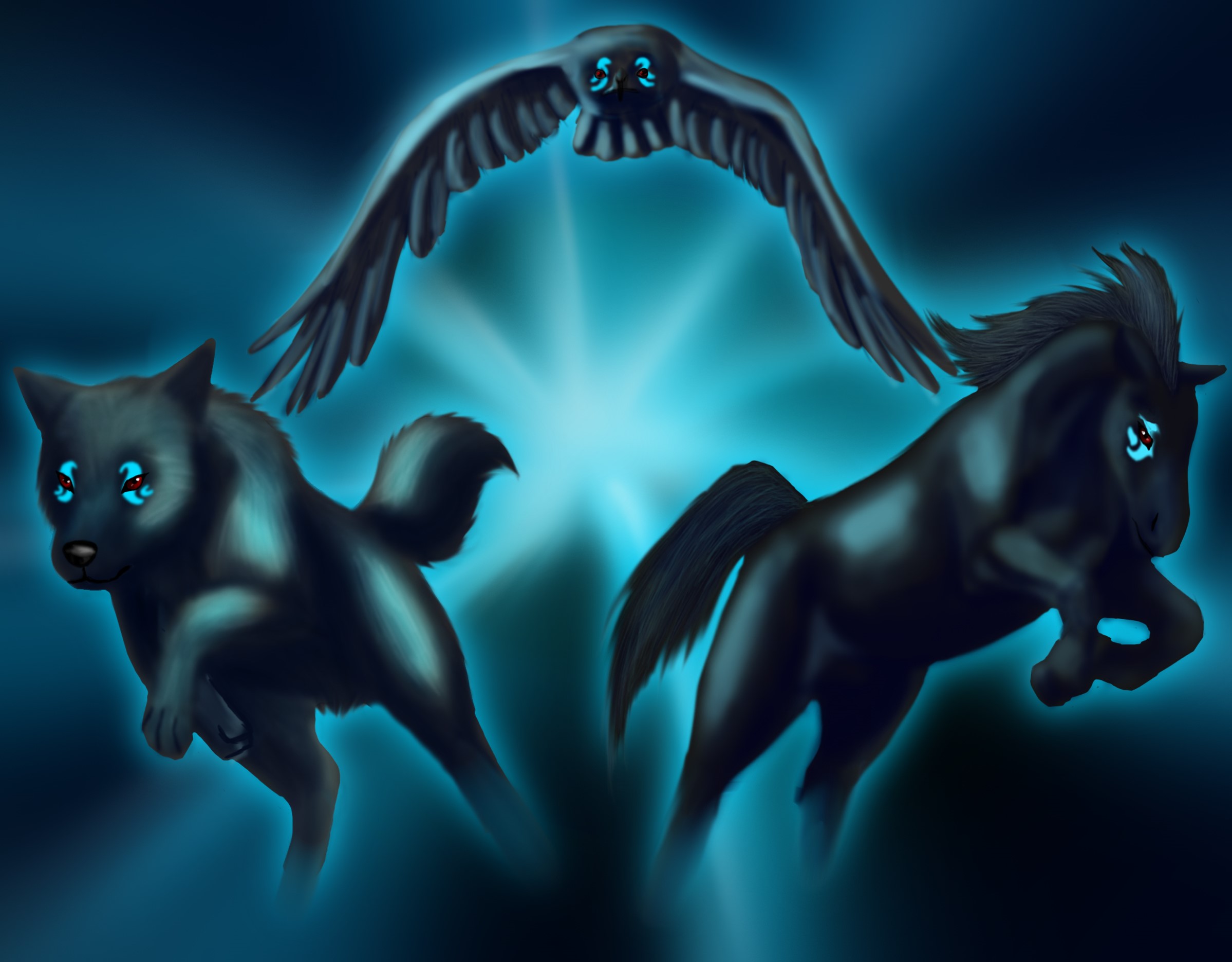 Black wolf, owl, and horse with glowing blue eyes HD Wallpaper