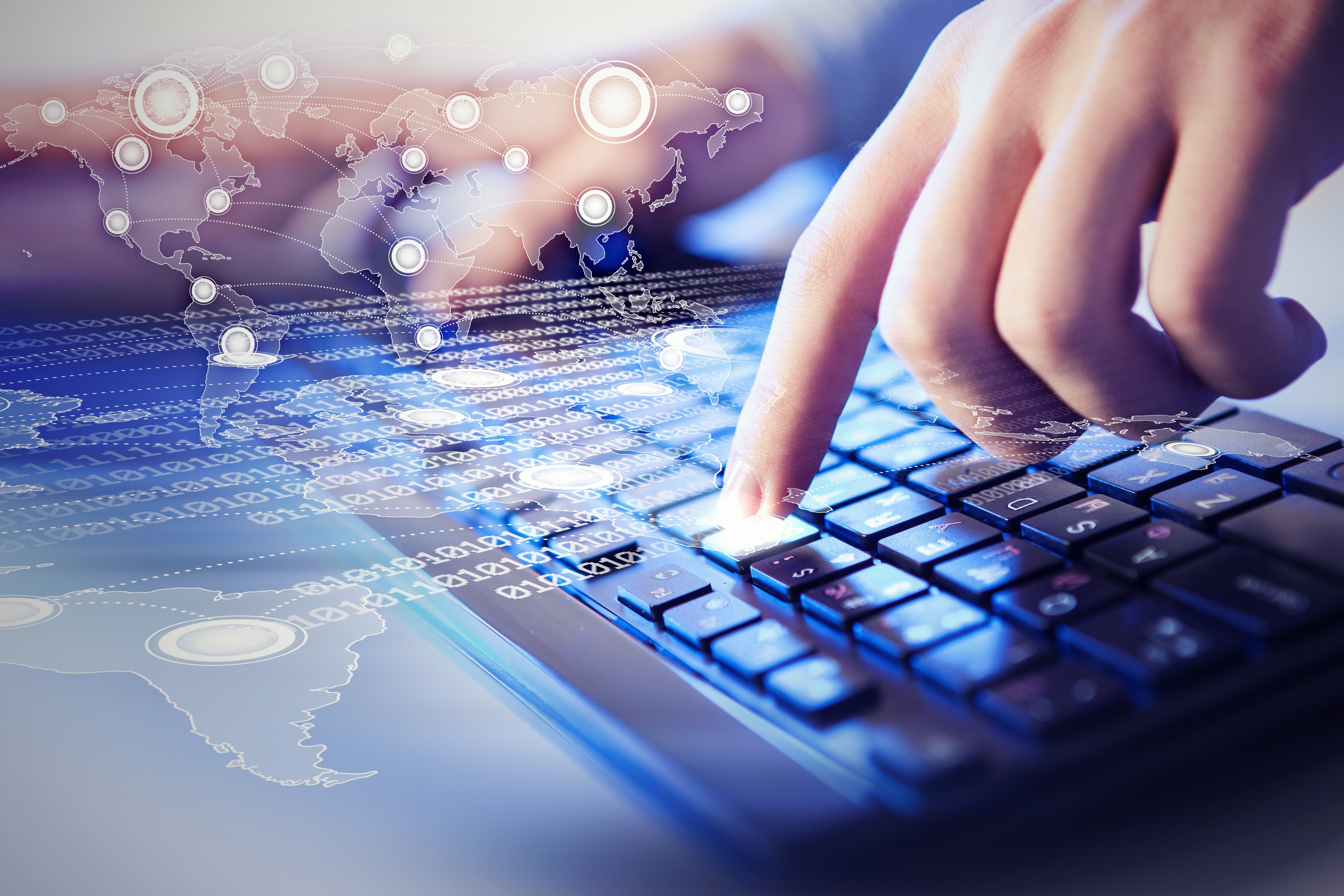 Hand typing on a keyboard with digital overlay HD Wallpaper