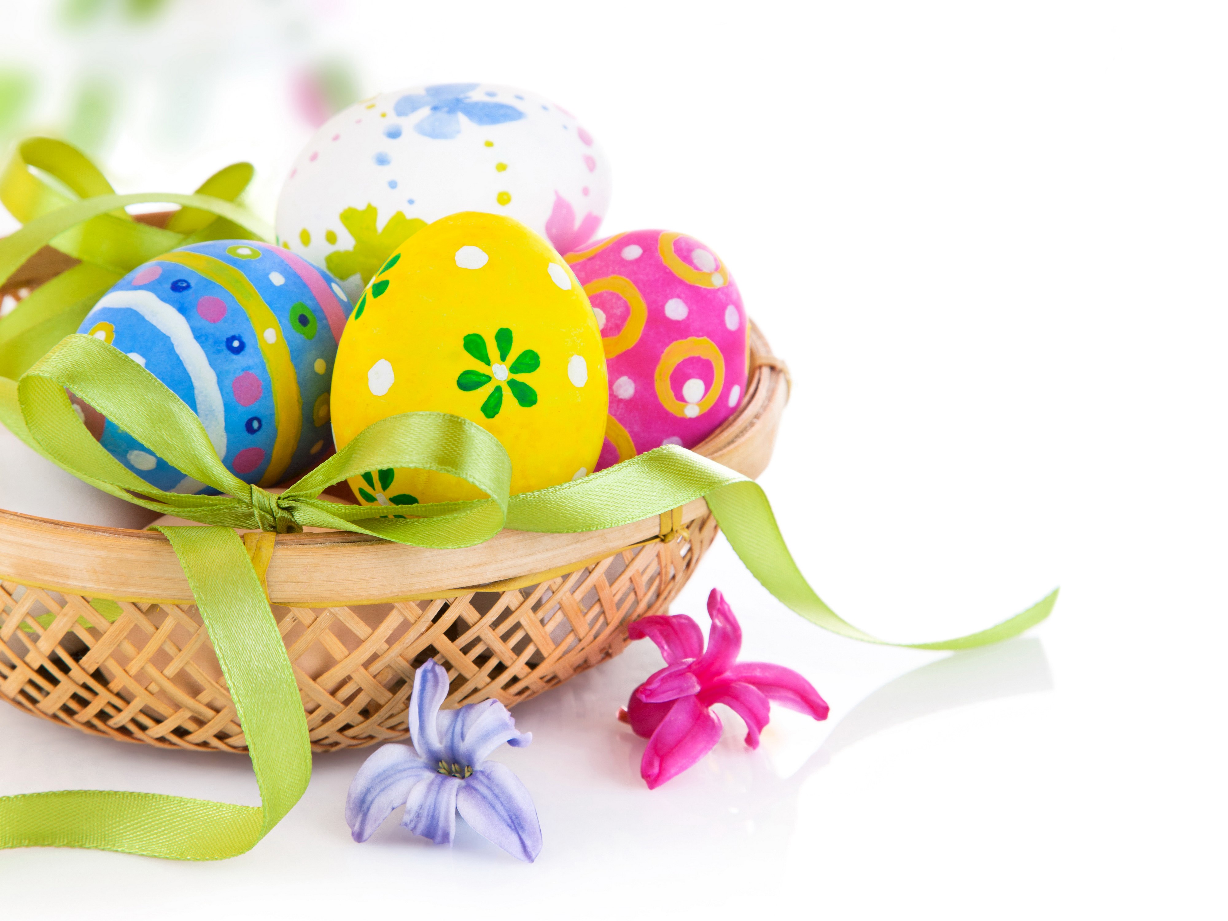 Easter Eggs in a Basket with Ribbon and Flowers HD Wallpaper