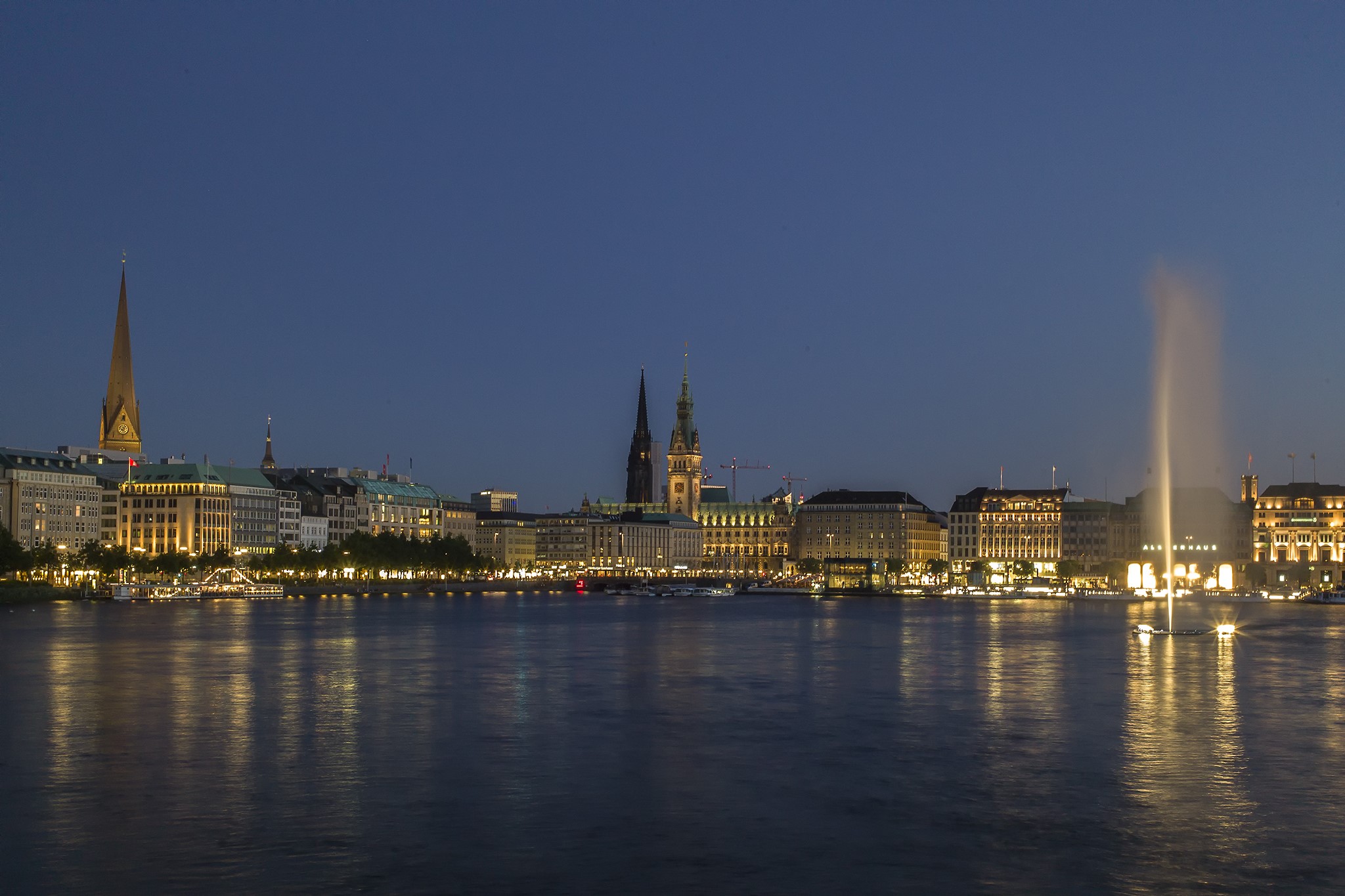 Hamburg skyline with fountain at dusk HD Wallpaper
