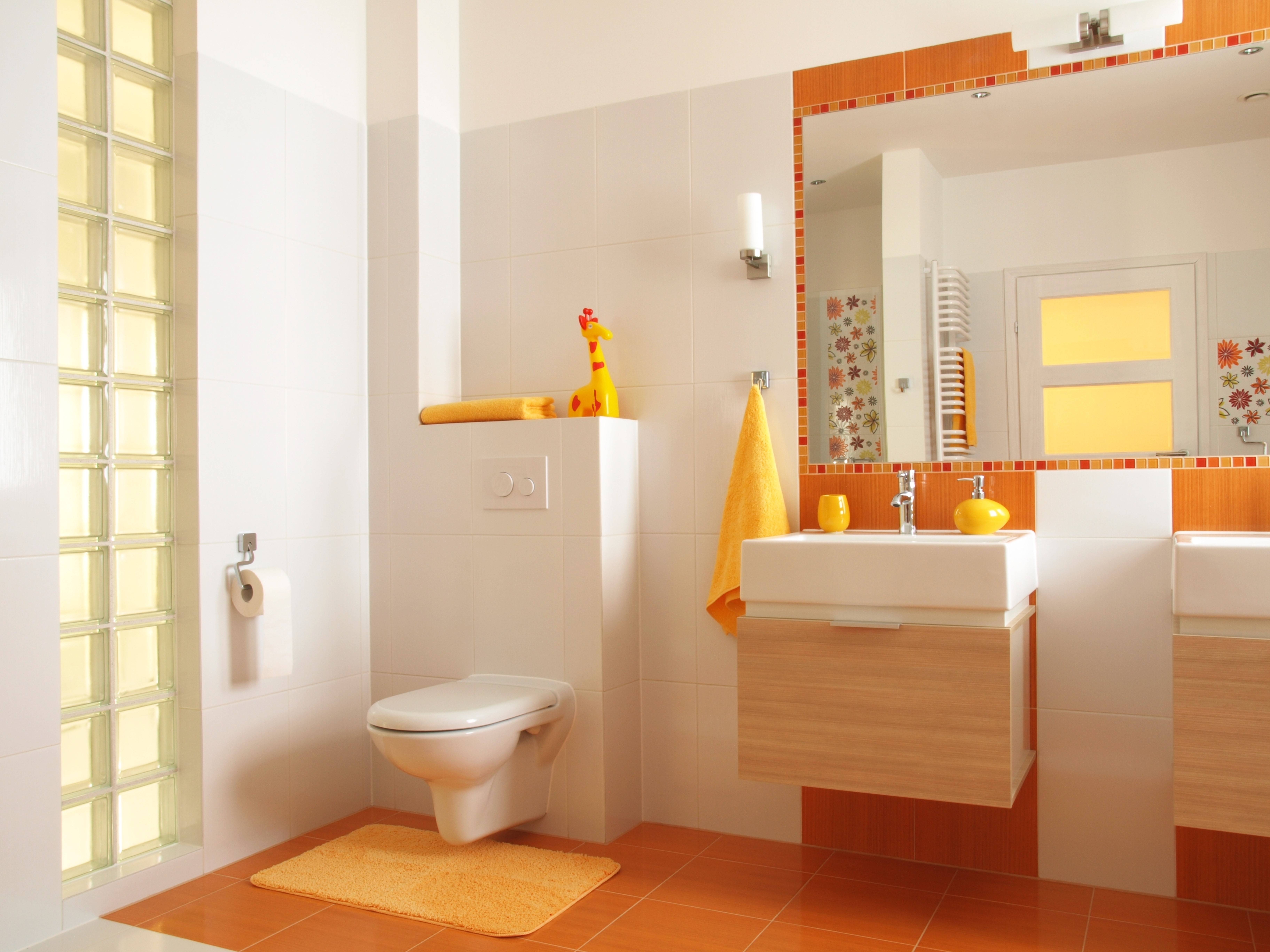 Modern Bathroom Interior Design with Orange Accents HD Wallpaper