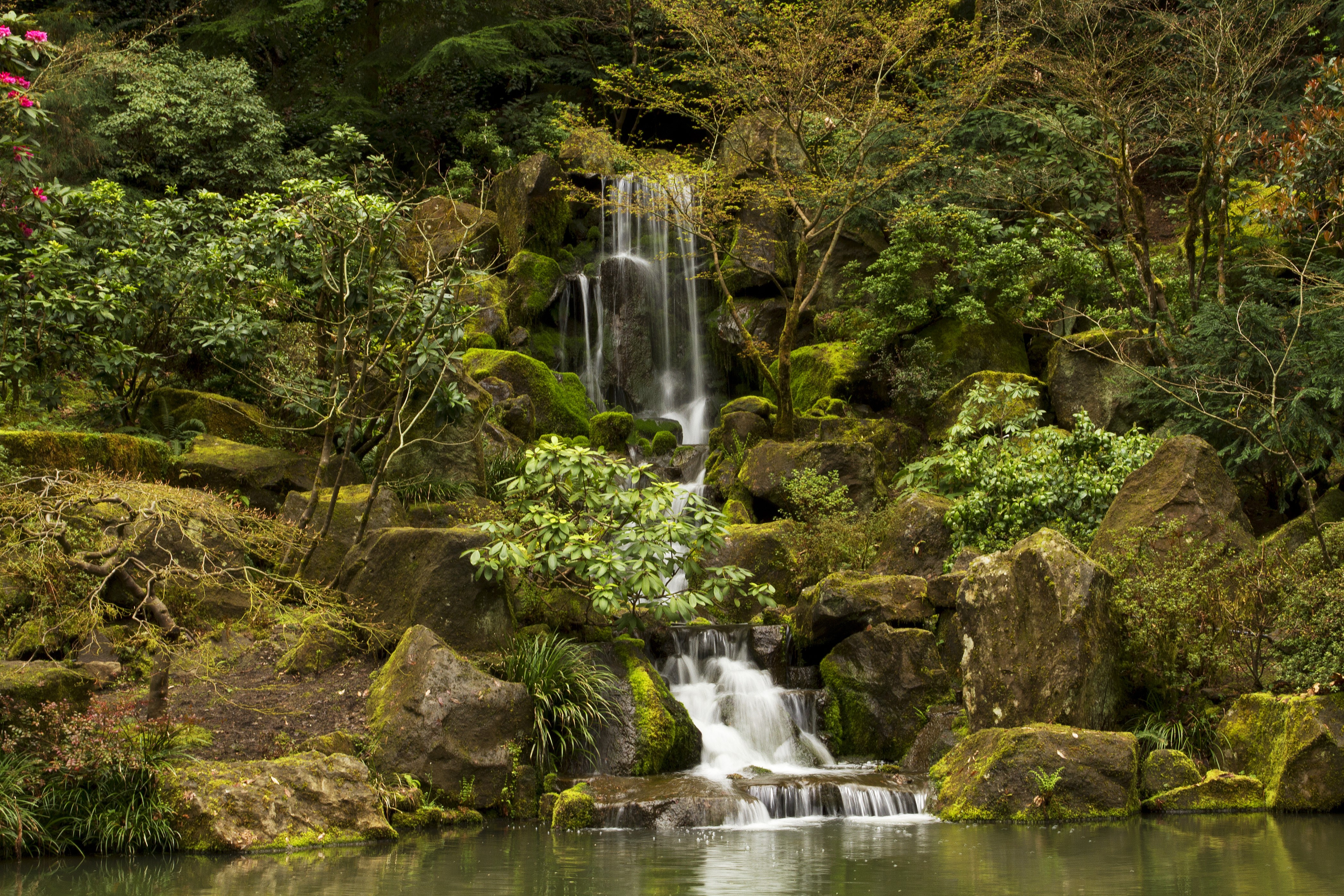 Waterfall in Portland Japanese Gardens, Oregon HD Wallpaper