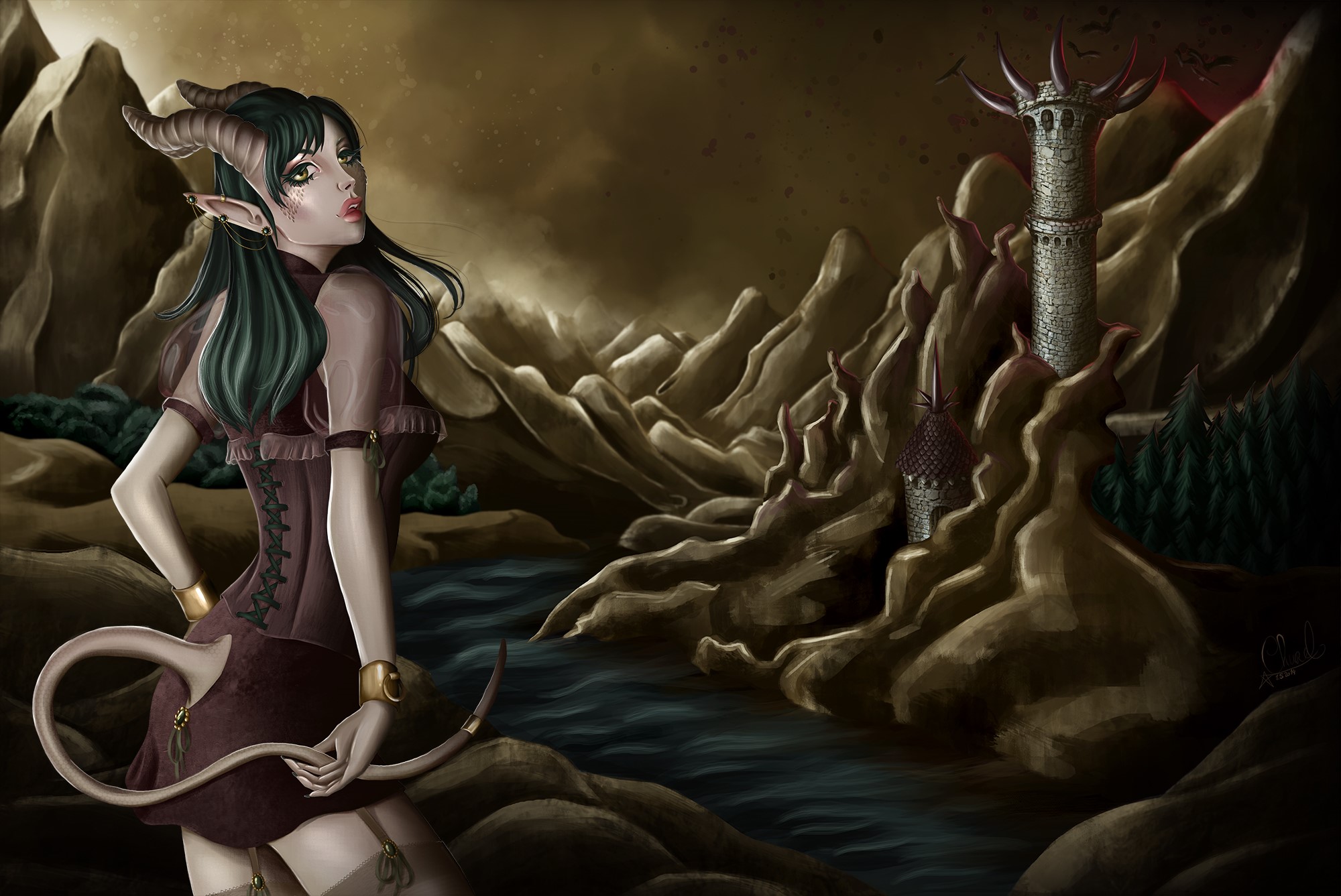 Demon girl with horns and tail in a rocky landscape HD Wallpaper