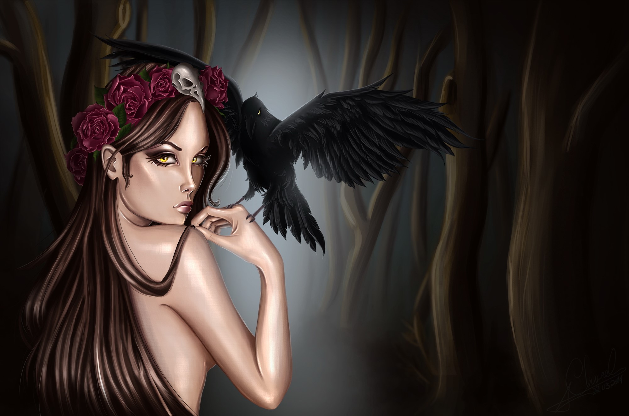 Gothic fantasy woman with crow and roses HD Wallpaper