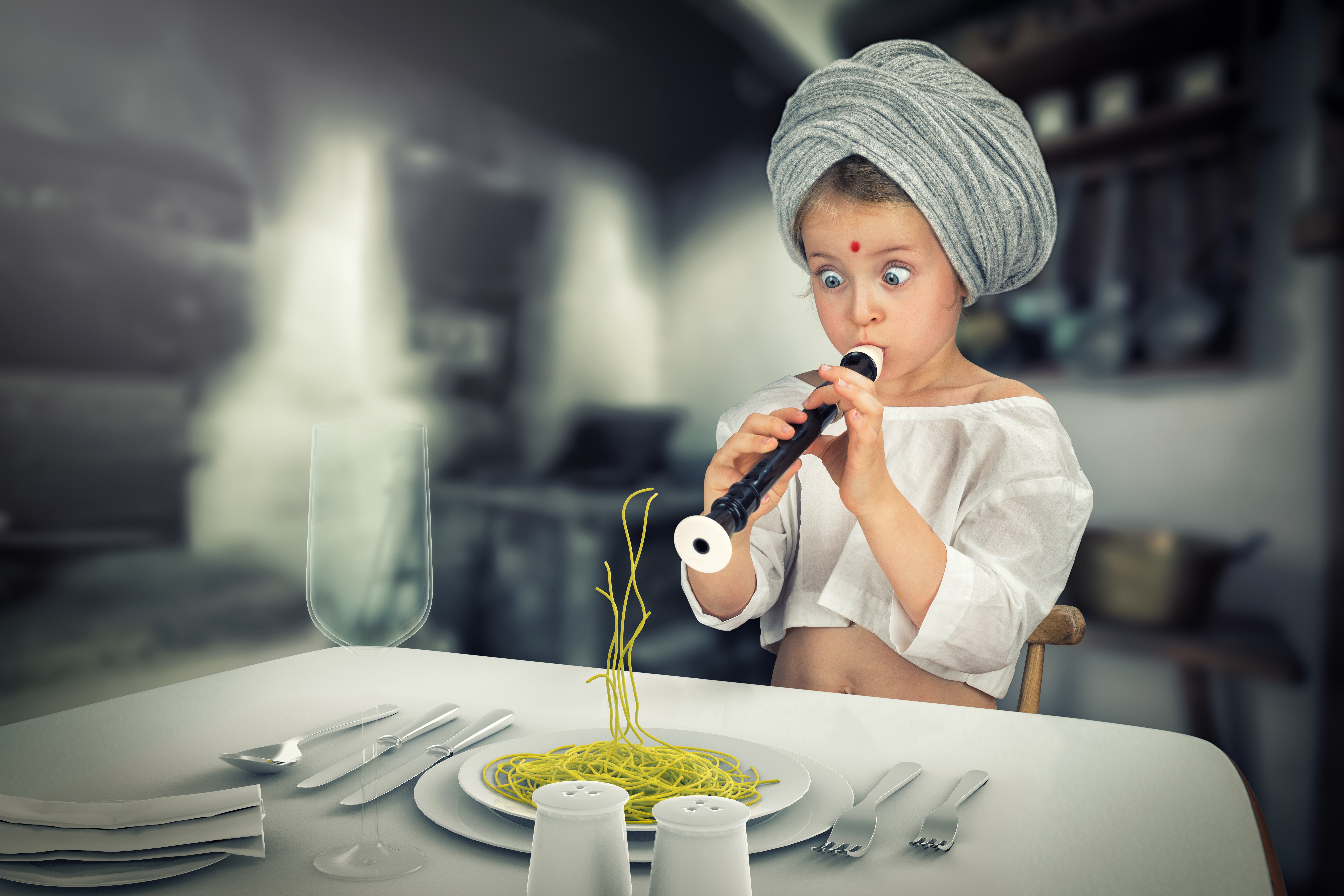 Girl in Turban Playing Flute with Spaghetti HD Wallpaper