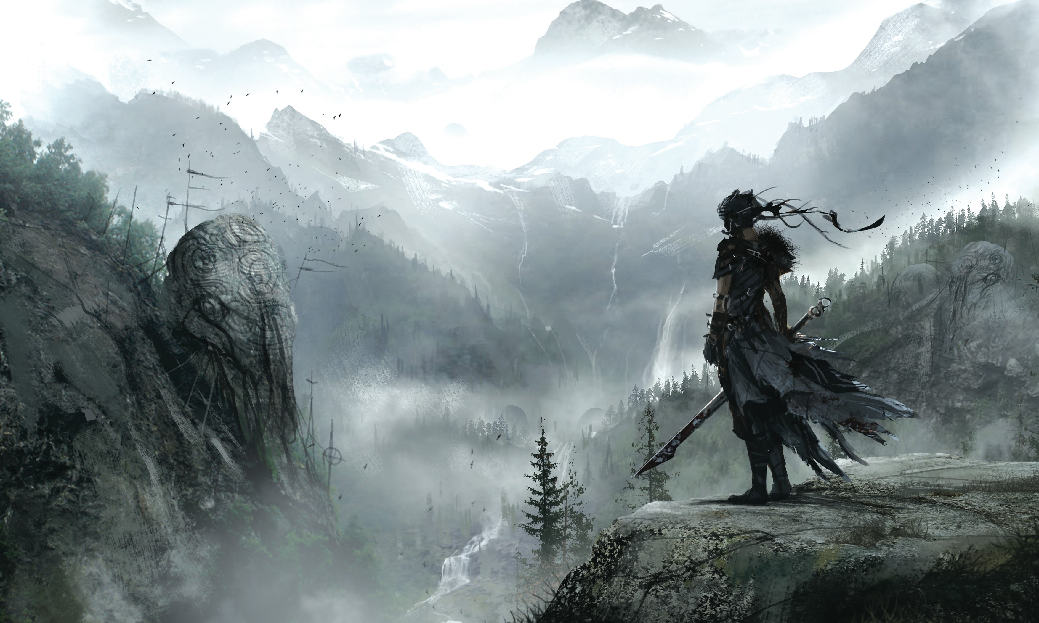 Warrior overlooking a misty mountain valley with ancient statues HD Wallpaper