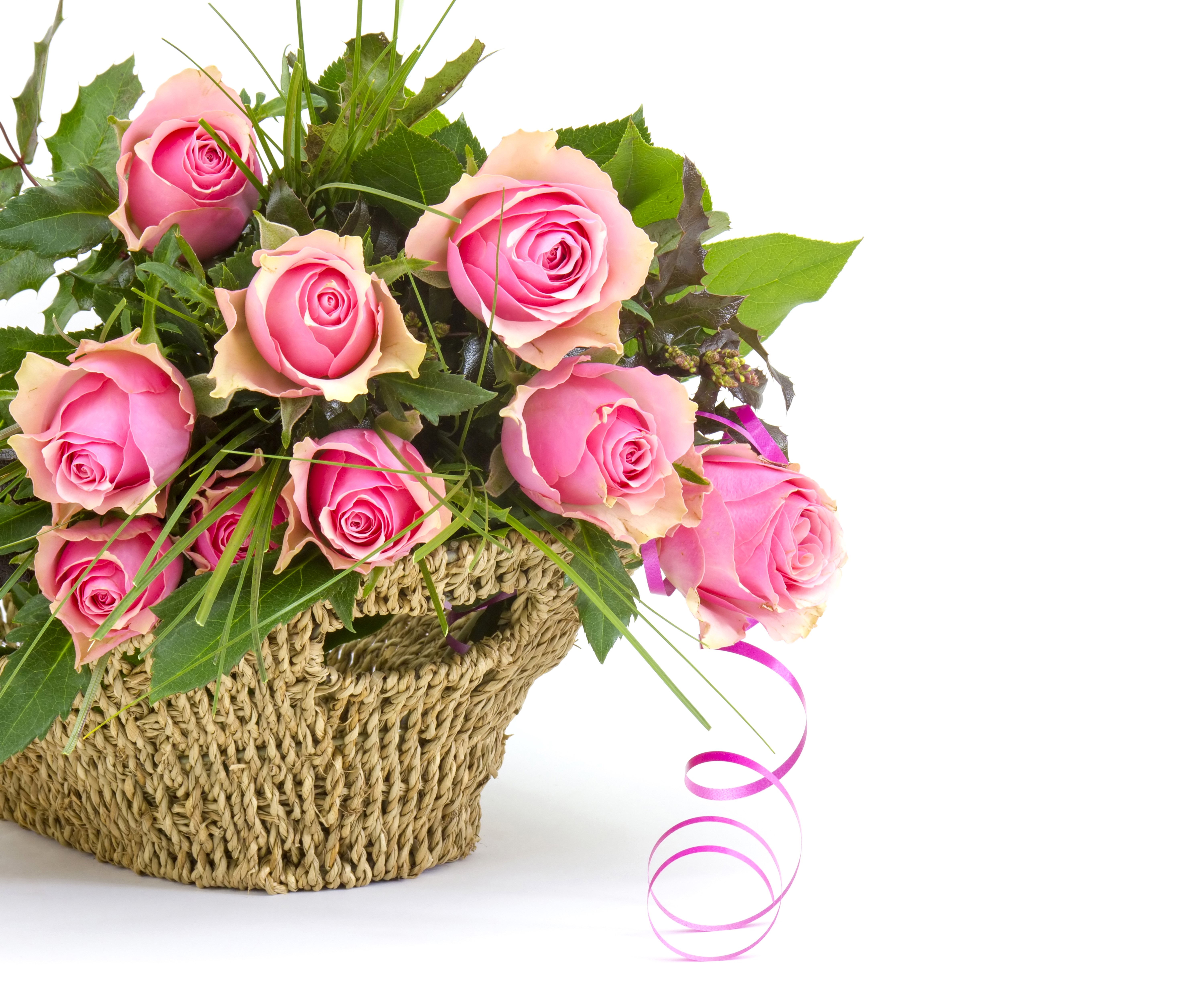 Pink Roses in Wicker Basket HD Wallpaper