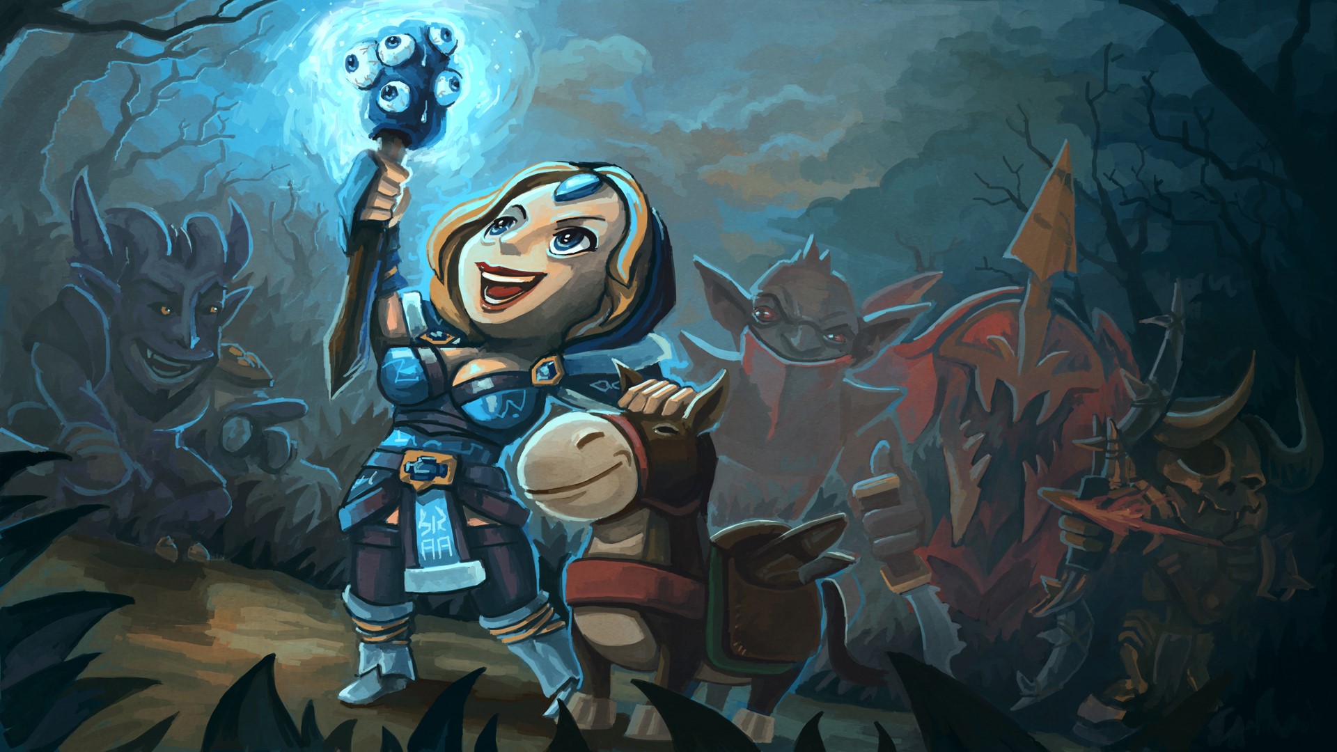 Crystal Maiden from DOTA 2 with companions in a forest HD Wallpaper