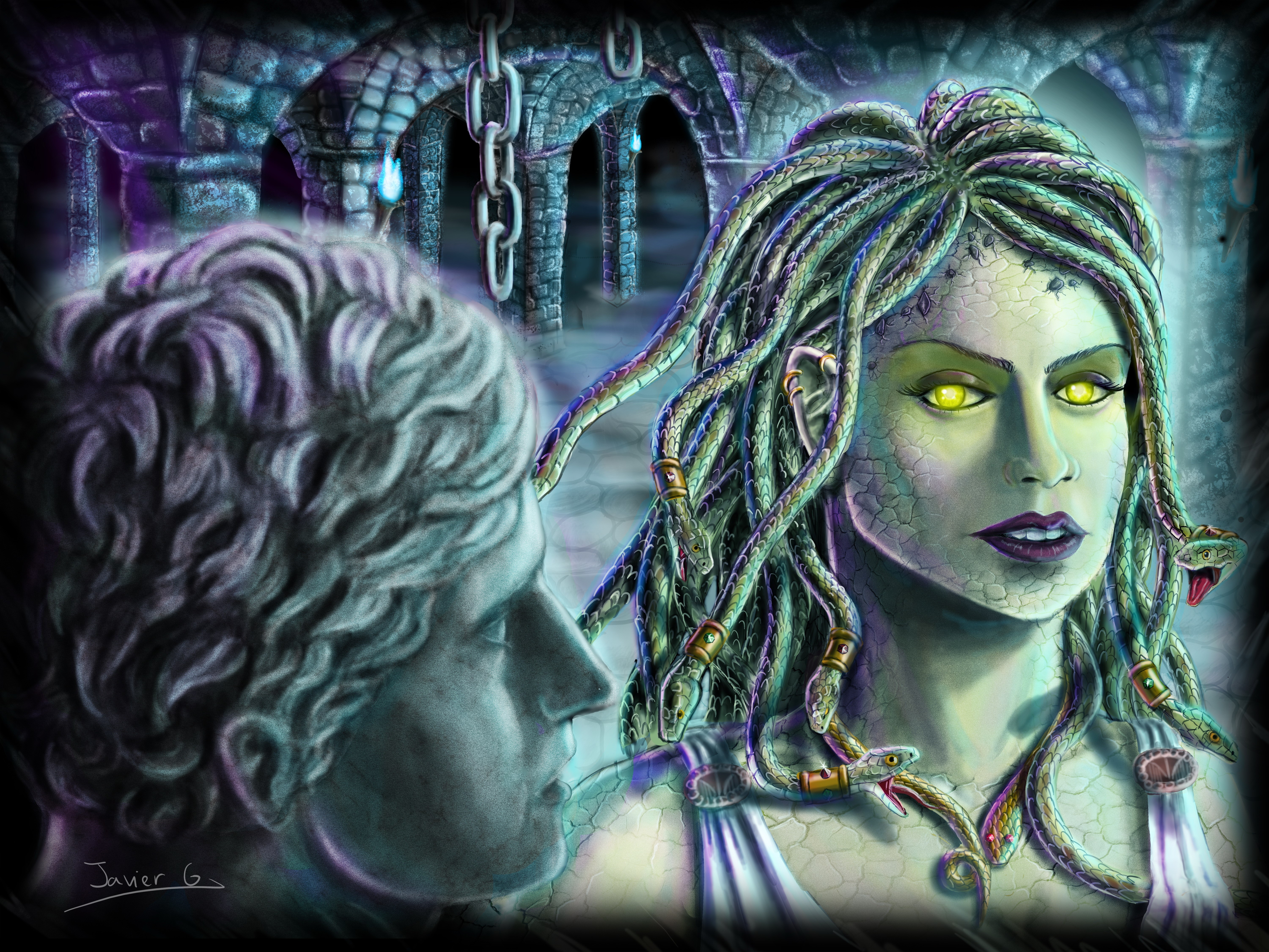 Medusa Gorgona with Snakes and Statue HD Wallpaper