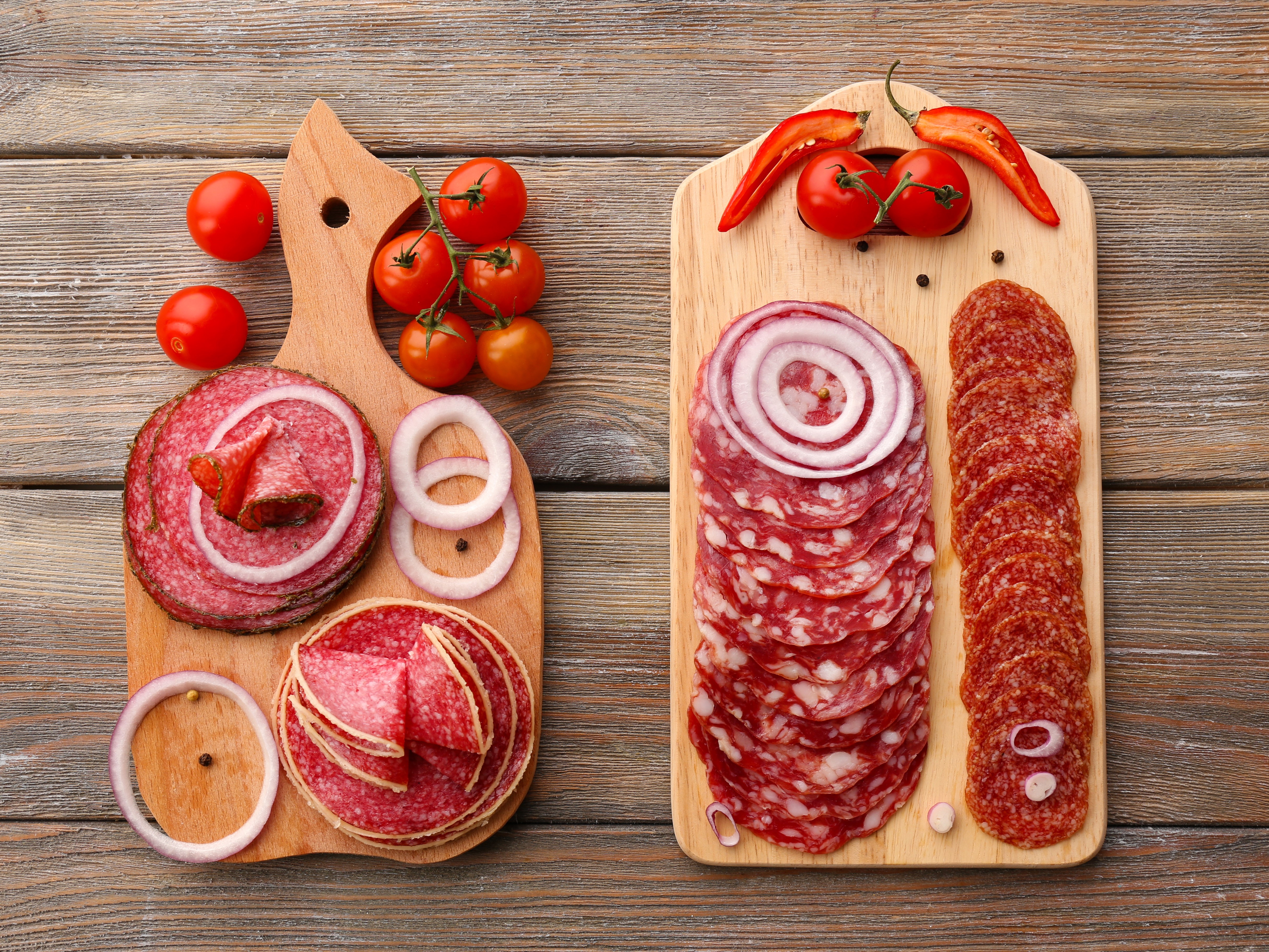 Sausage, Tomatoes, and Onion Slices on Cutting Boards HD Wallpaper