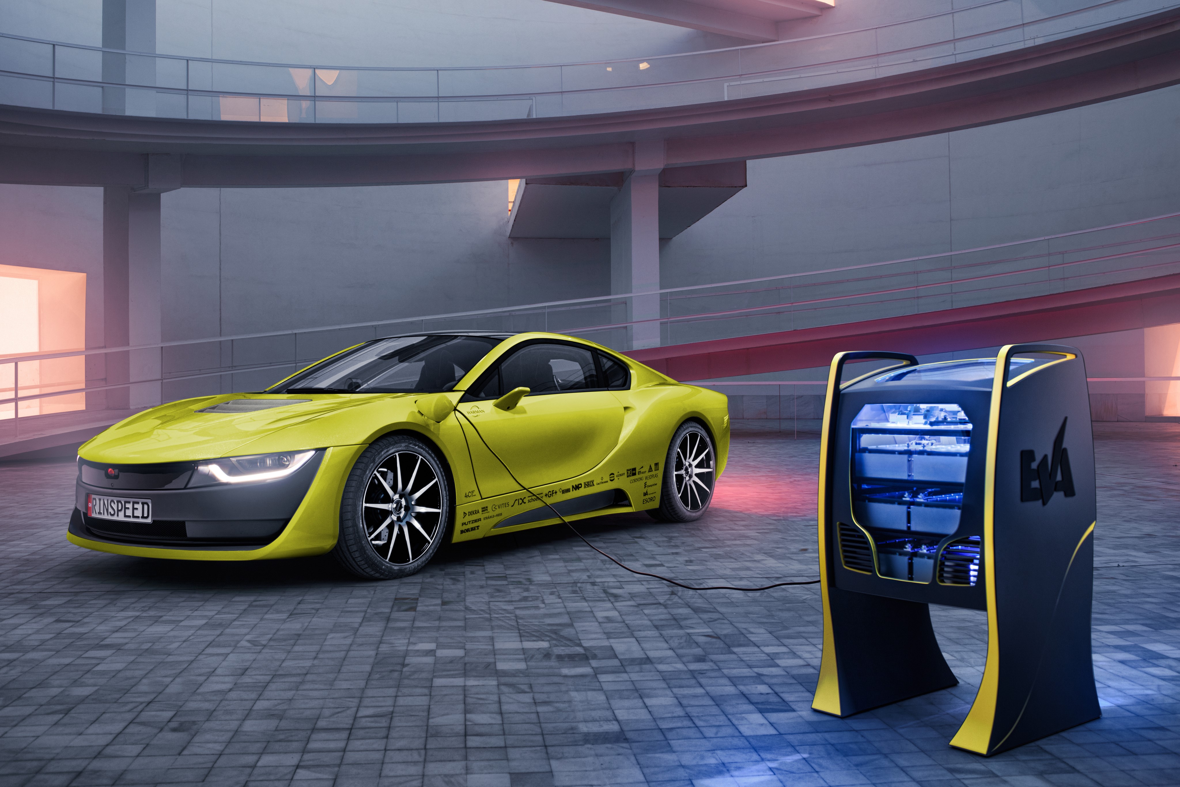 4K Yellow Rinspeed electric car charging station HD Wallpaper
