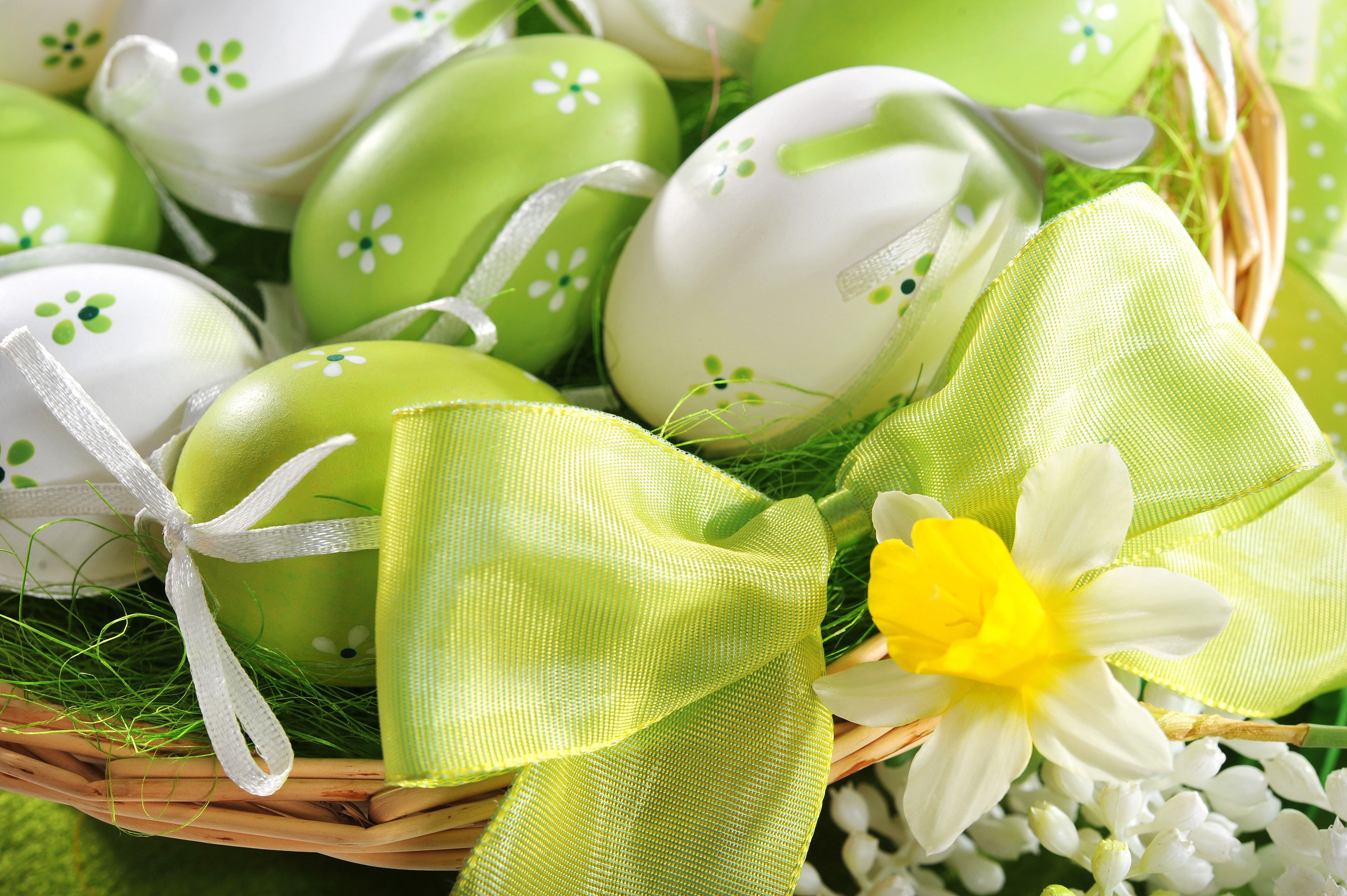 Easter Eggs in a Basket with Daffodils and Ribbons HD Wallpaper