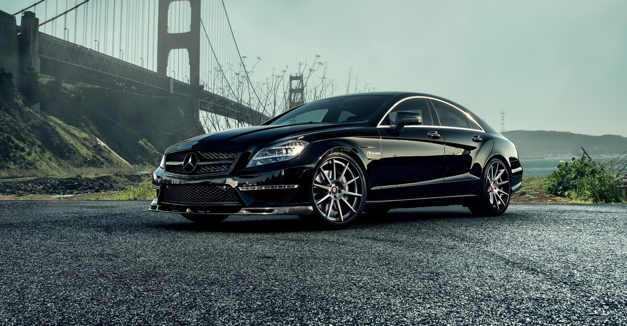 Black Mercedes-Benz CLS 63 AMG Sedan near Golden Gate Bridge HD Wallpaper