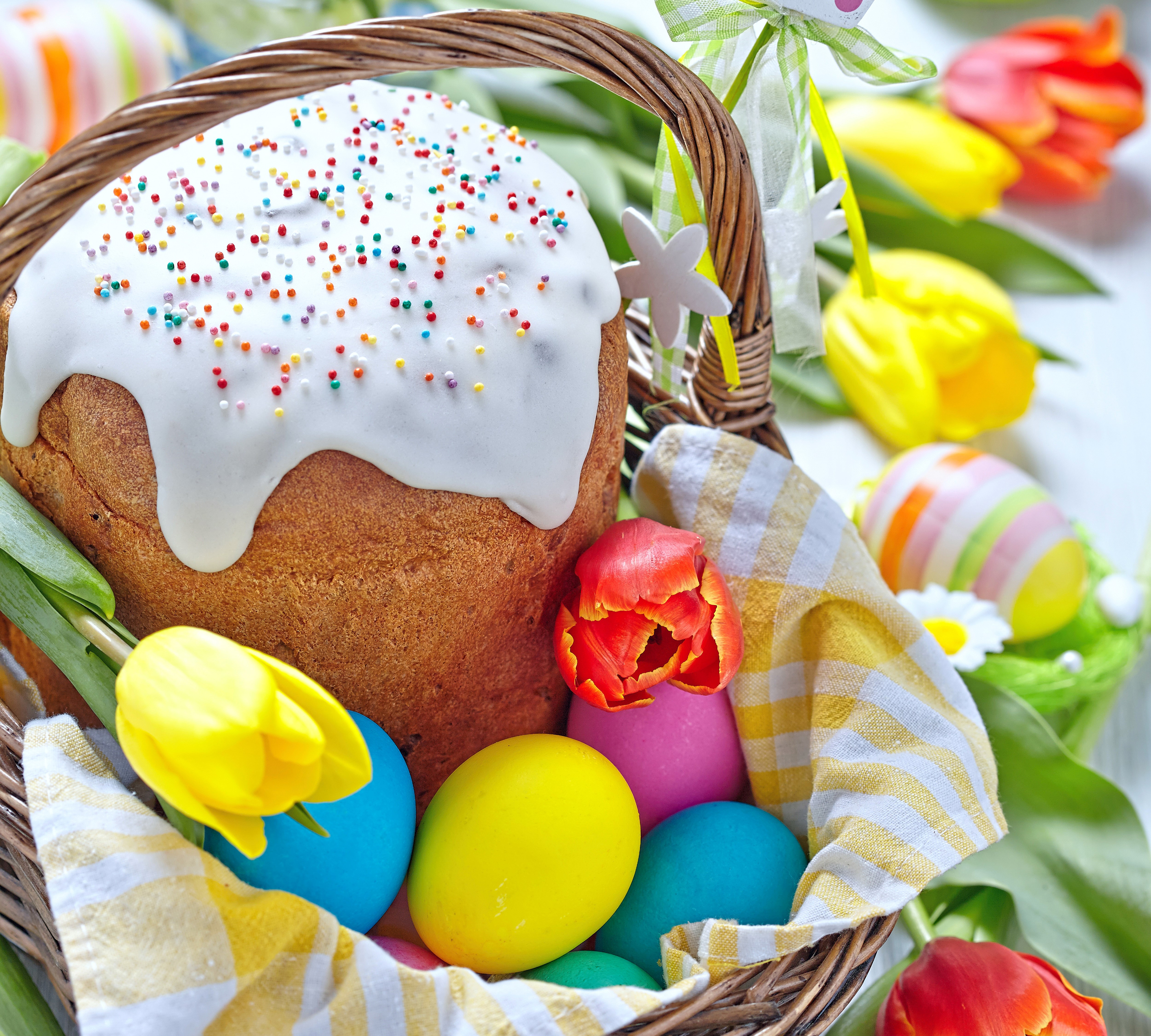Easter Kulich Cake with Tulips and Eggs in a Wicker Basket HD Wallpaper