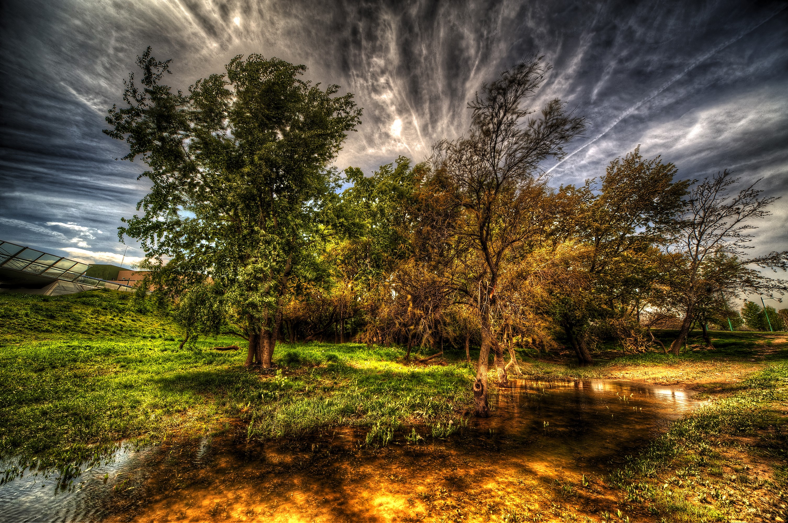Trees and water in Zaragoza, Spain under dramatic clouds HD Wallpaper