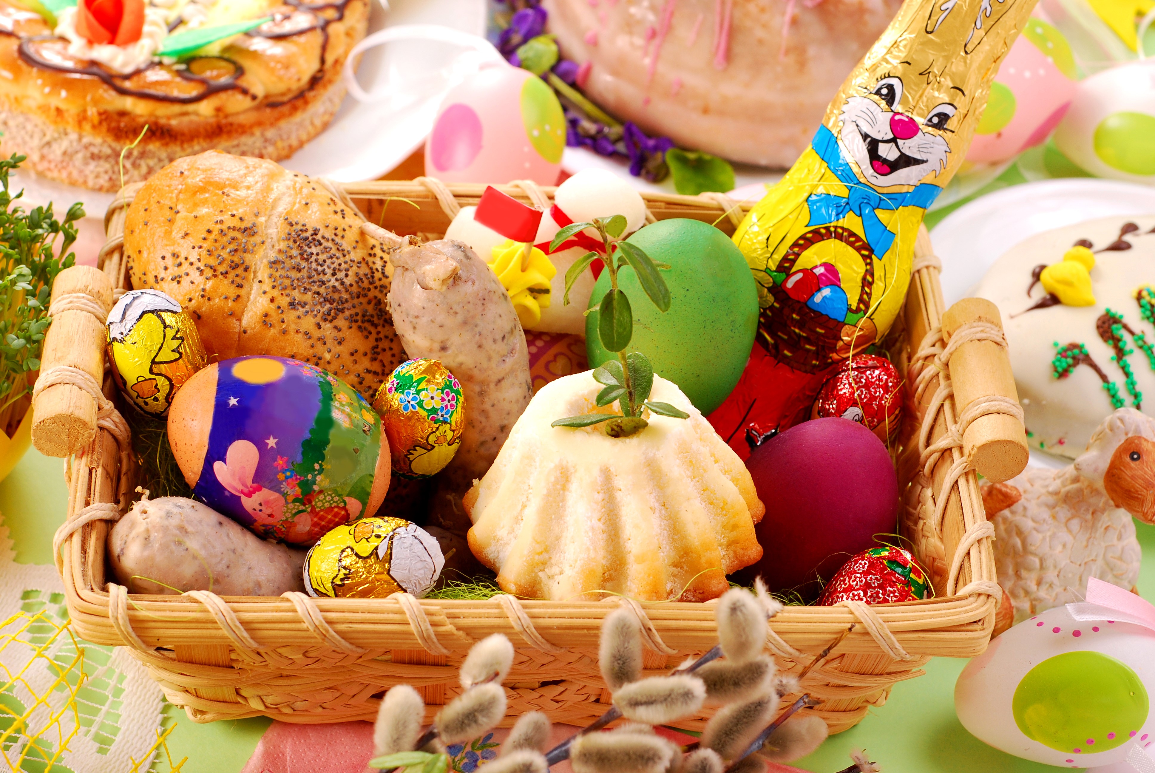 Easter basket with bread, eggs, and chocolate bunny HD Wallpaper