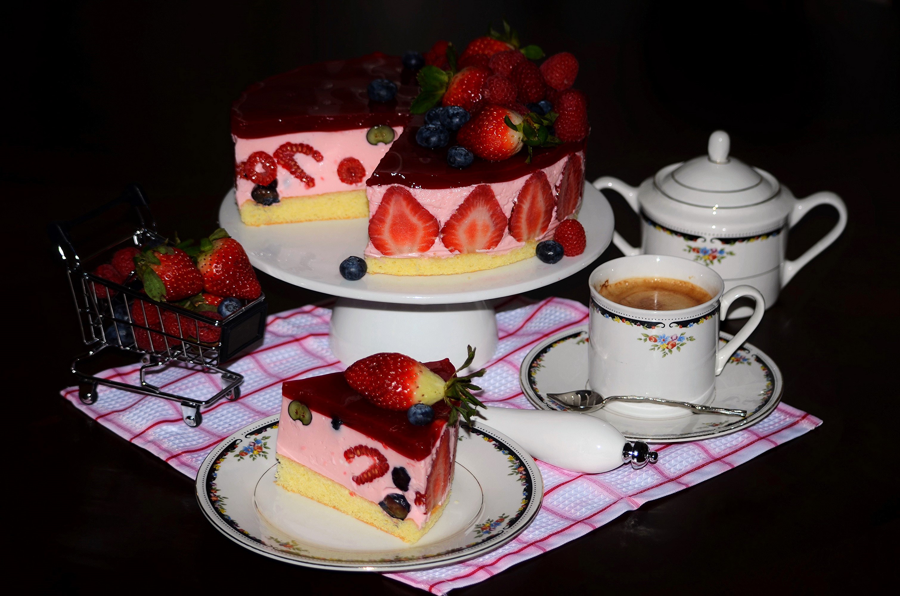 Strawberry cake with coffee and tea set HD Wallpaper