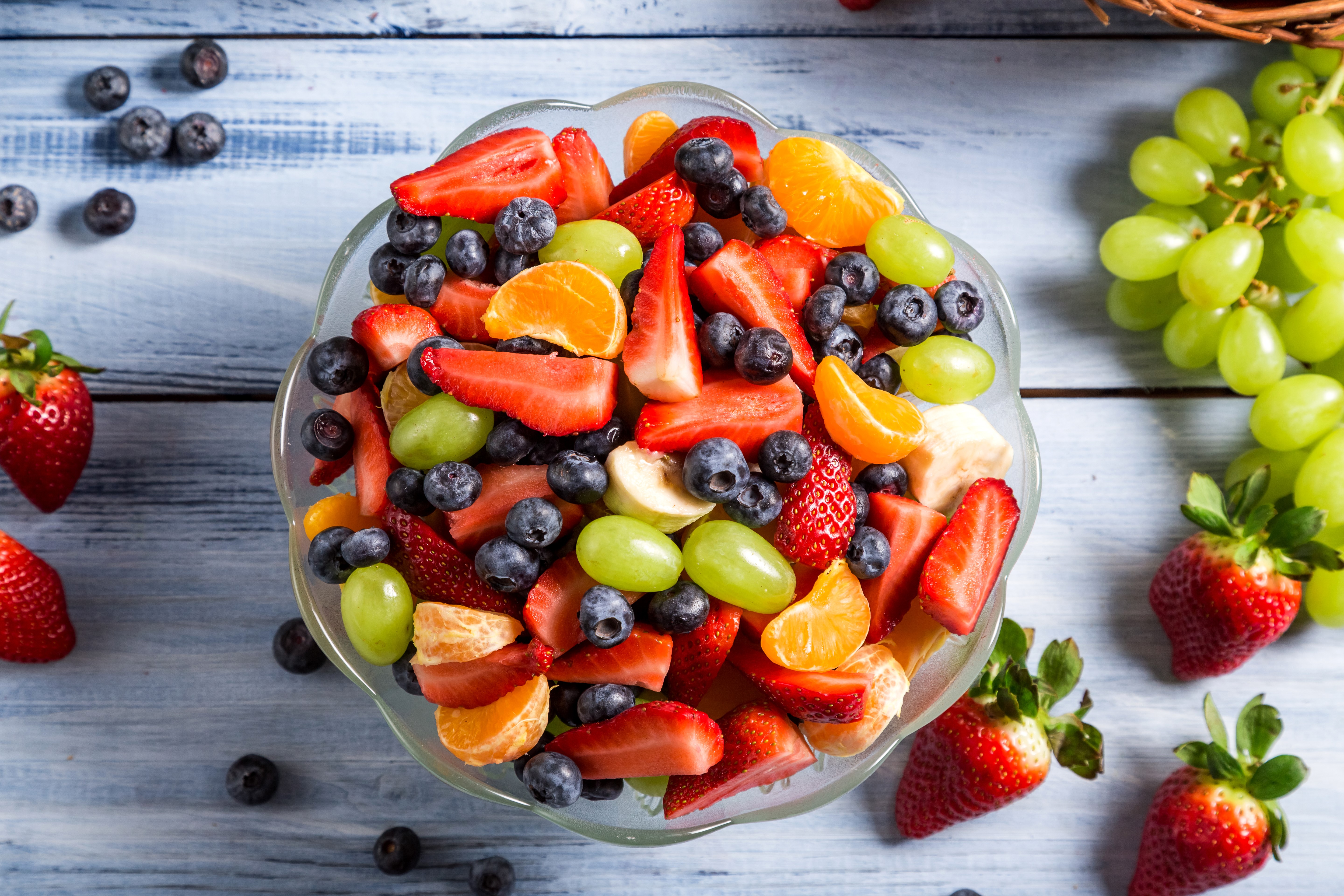 Fruit Salad with Strawberries, Blueberries, Grapes, and Mandarin Oranges HD Wallpaper