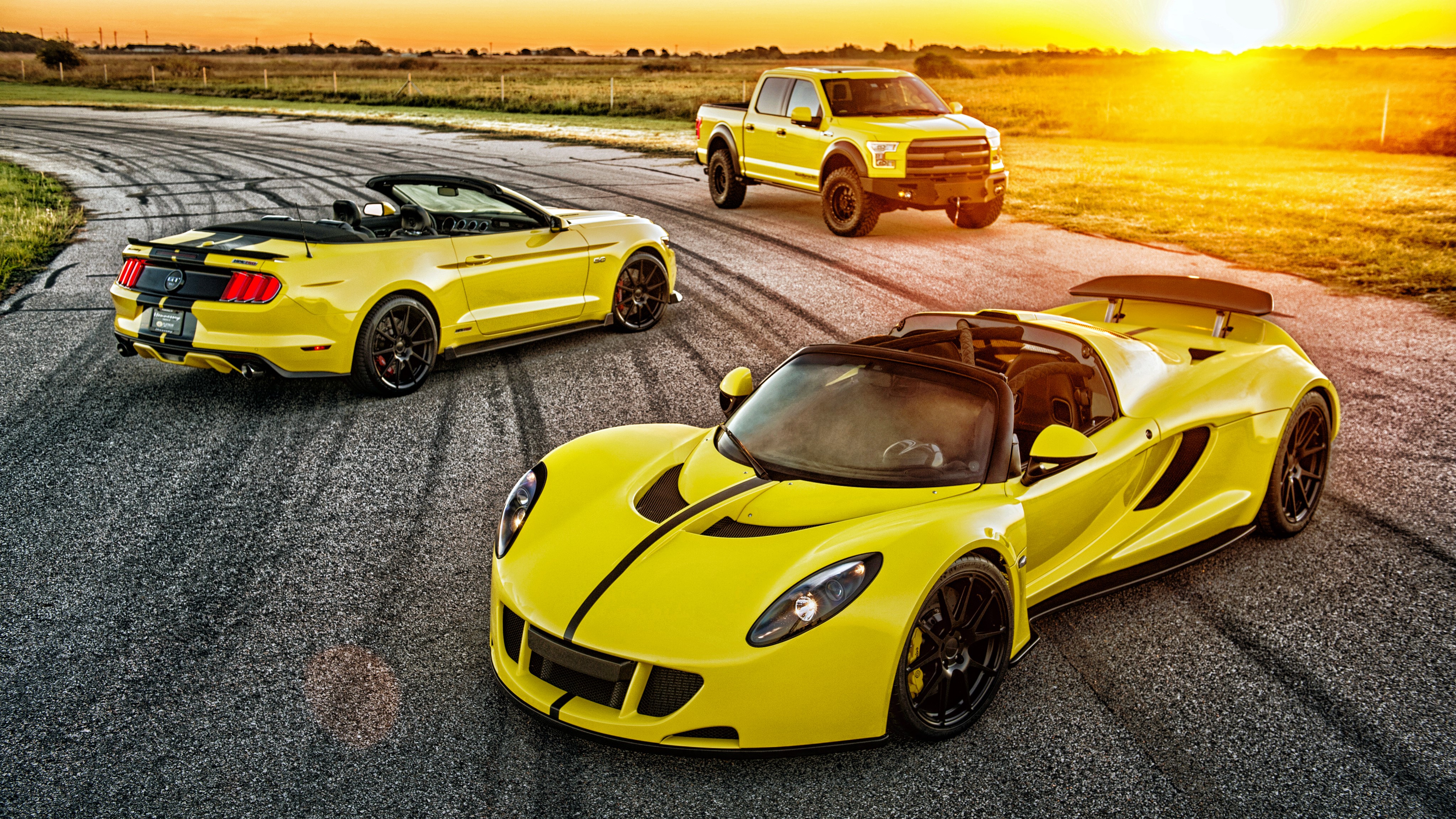 Yellow Ford Mustang, Ford F-150 Raptor, and Hennessey Venom GT Convertible HD Wallpaper