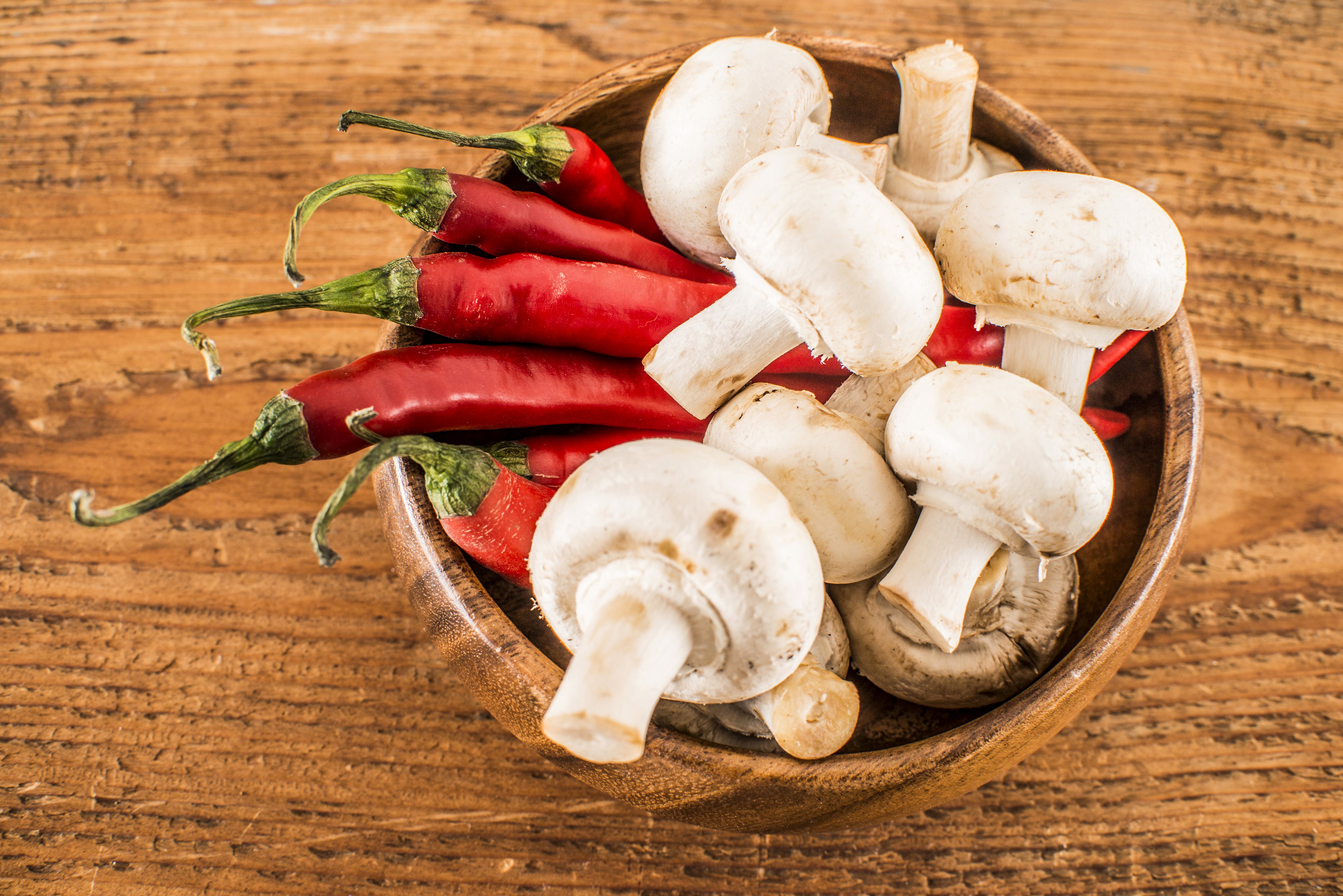 Mushrooms and Chili Peppers in a Bowl HD Wallpaper