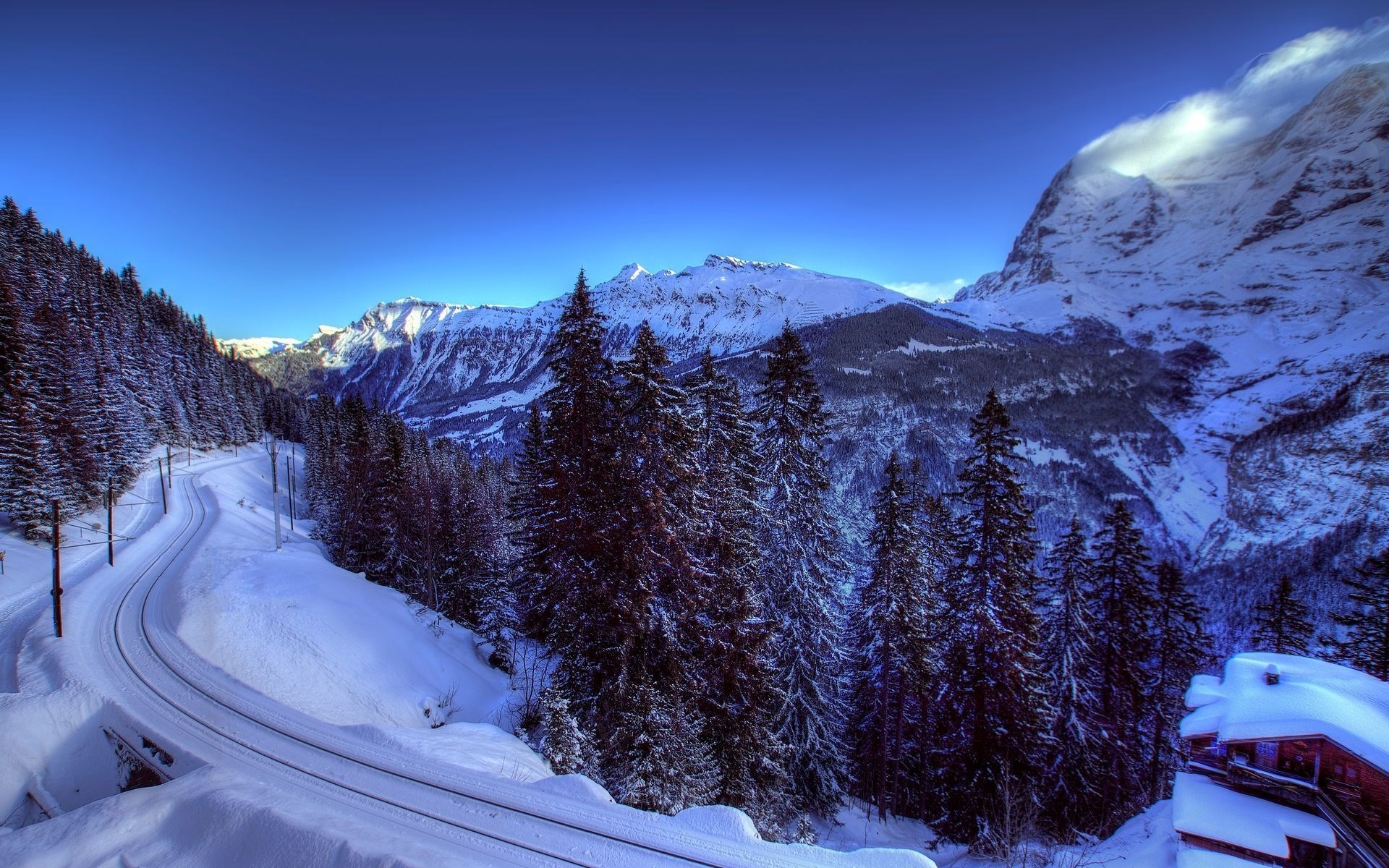 Snowy mountain landscape with train tracks and pine trees HD Wallpaper