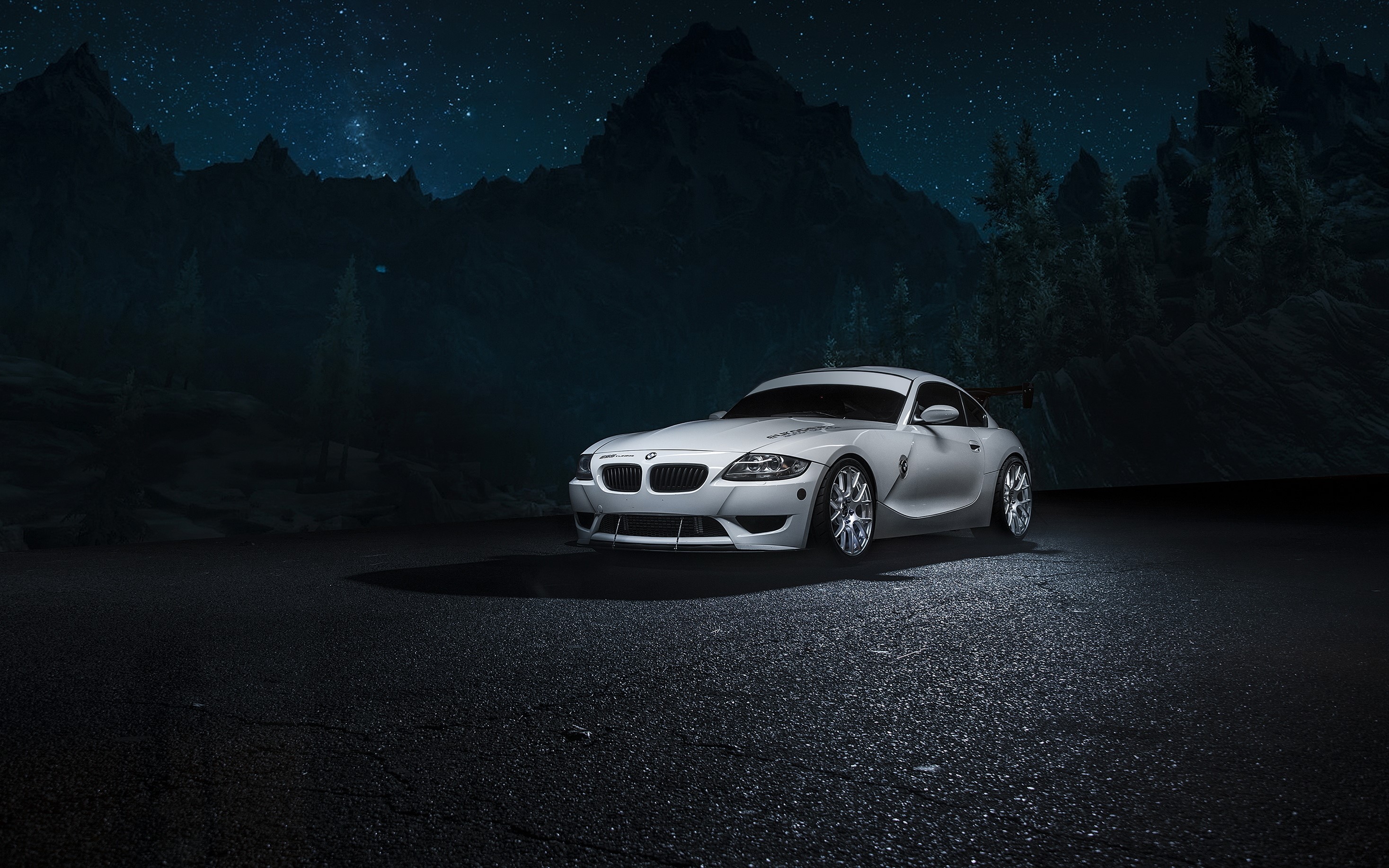 White BMW Z4M at Night with Mountains HD Wallpaper