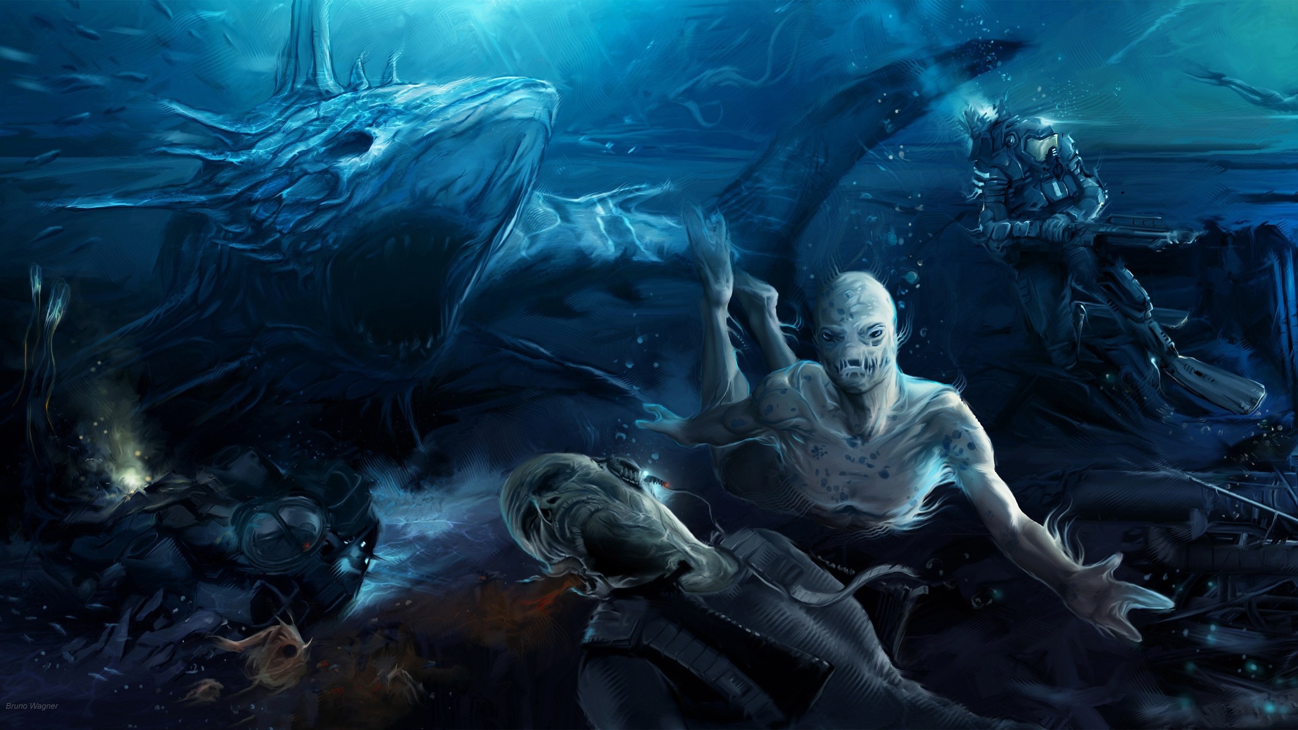 Underwater scene with sea creatures and divers HD Wallpaper