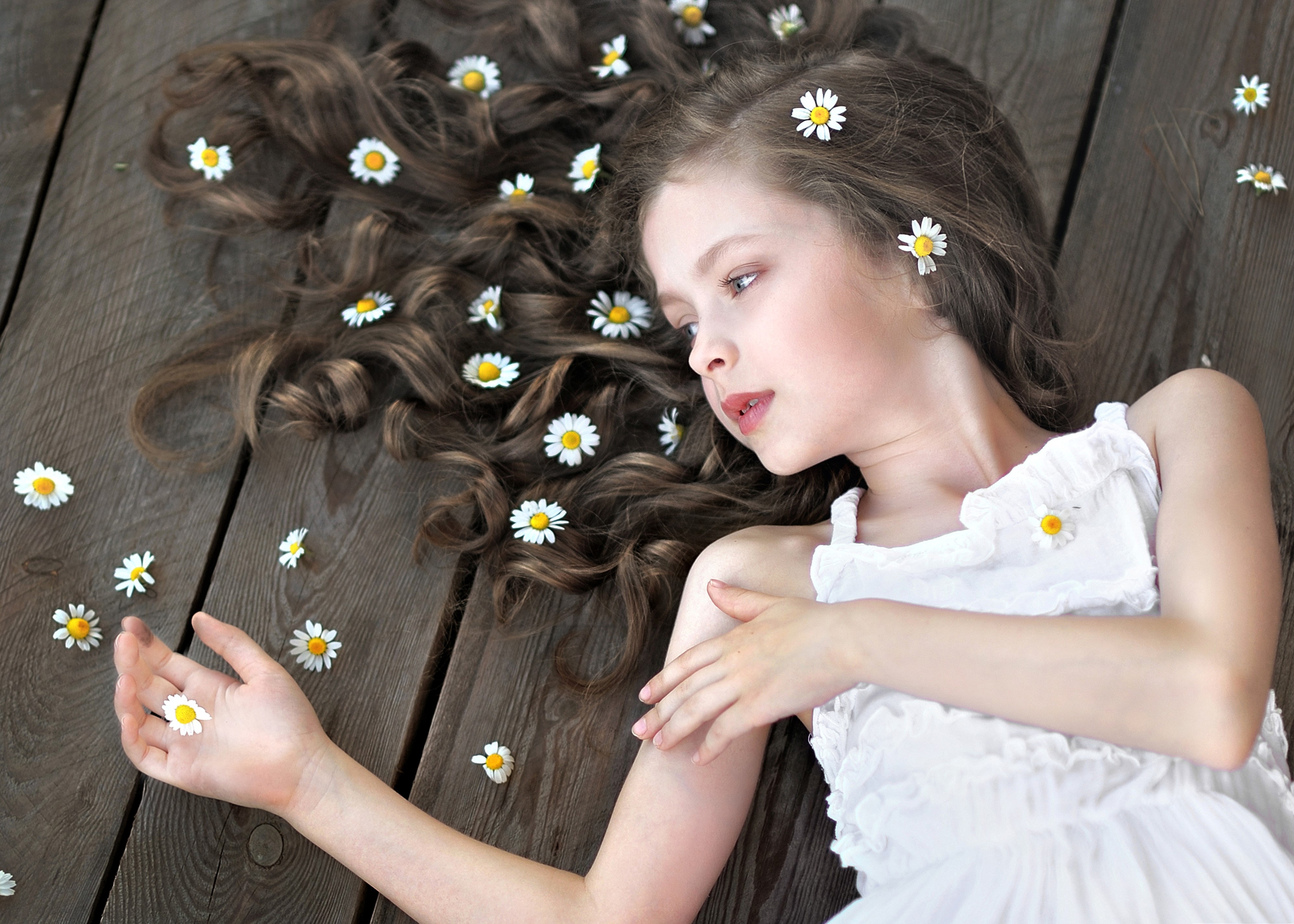 Girl with camomiles in her hair HD Wallpaper
