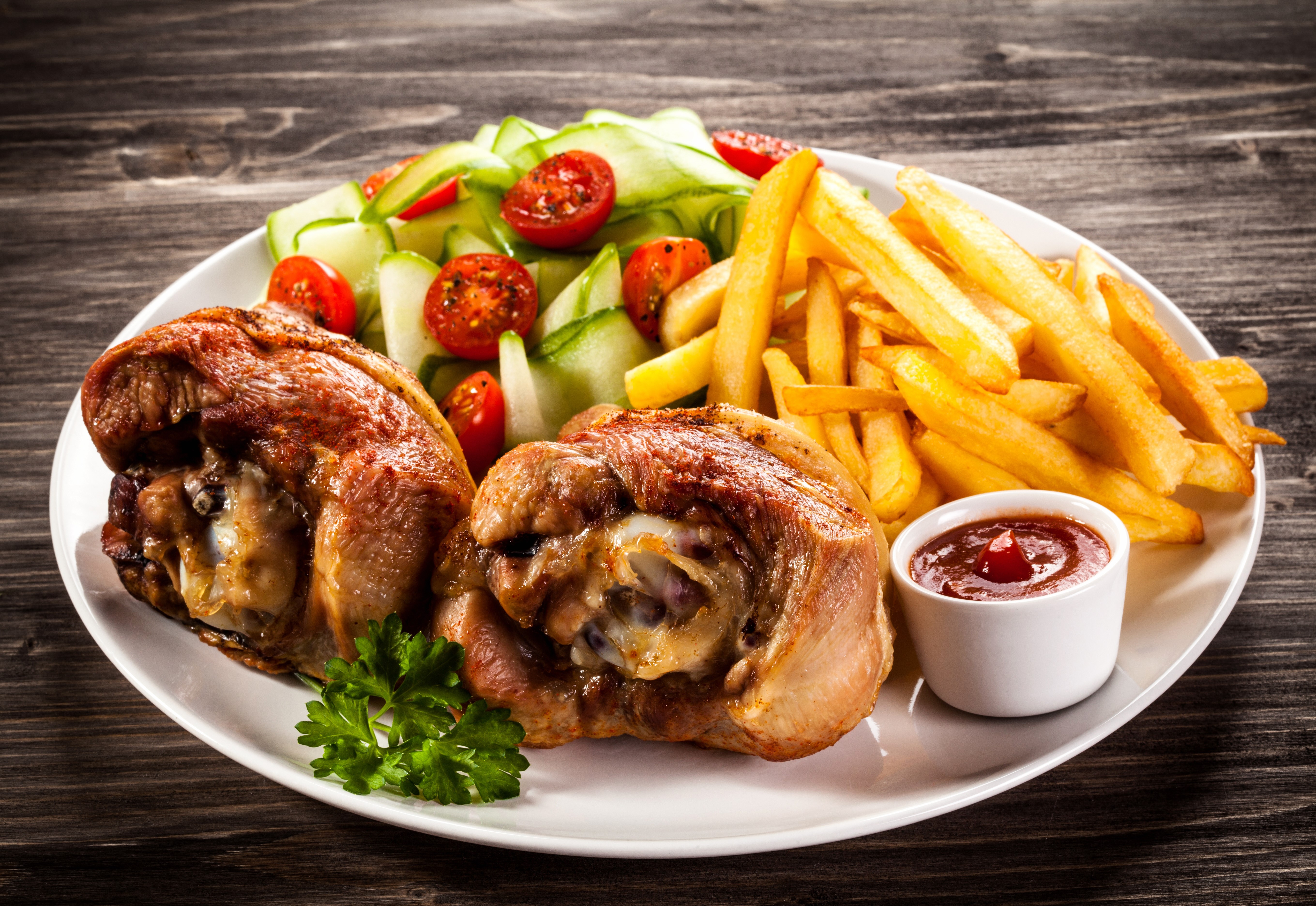 Roast Chicken with French Fries and Salad HD Wallpaper