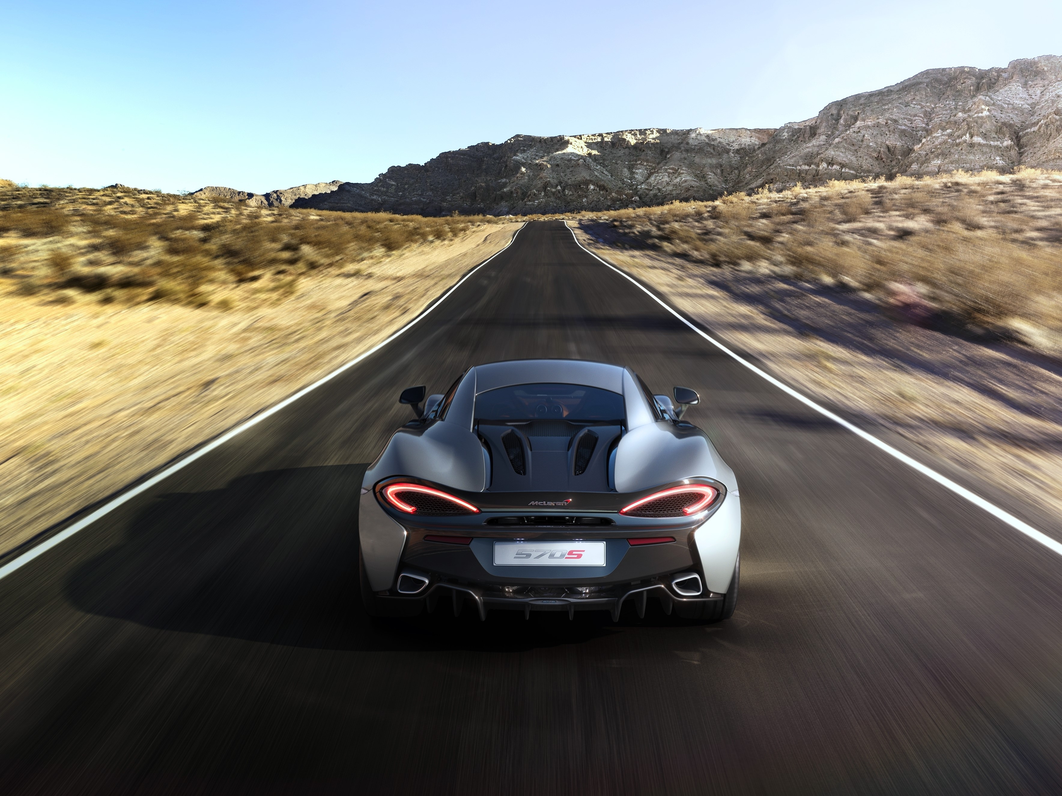 McLaren 570S Coupe driving on a desert road HD Wallpaper