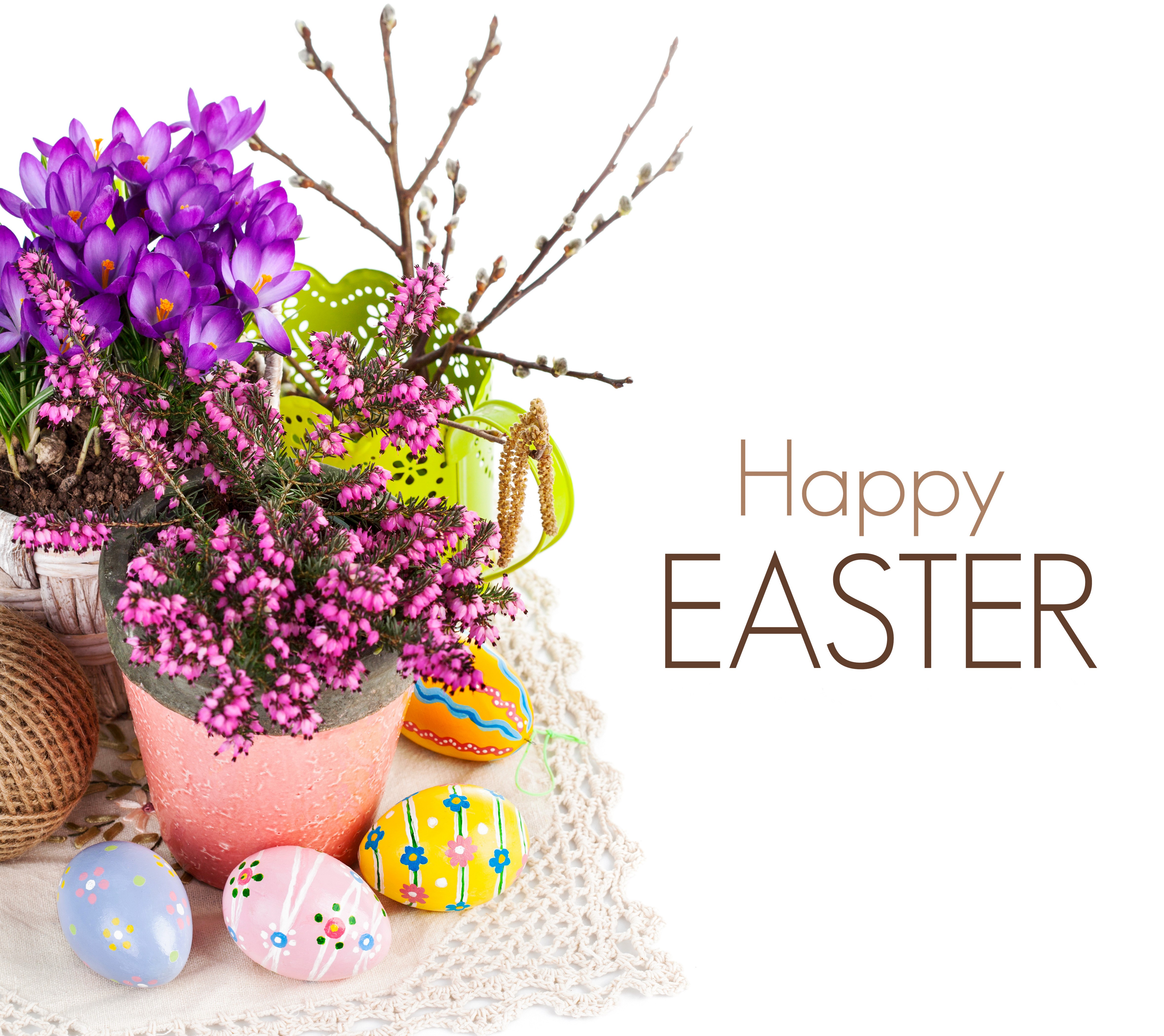 Easter decoration with flowers and painted eggs HD Wallpaper