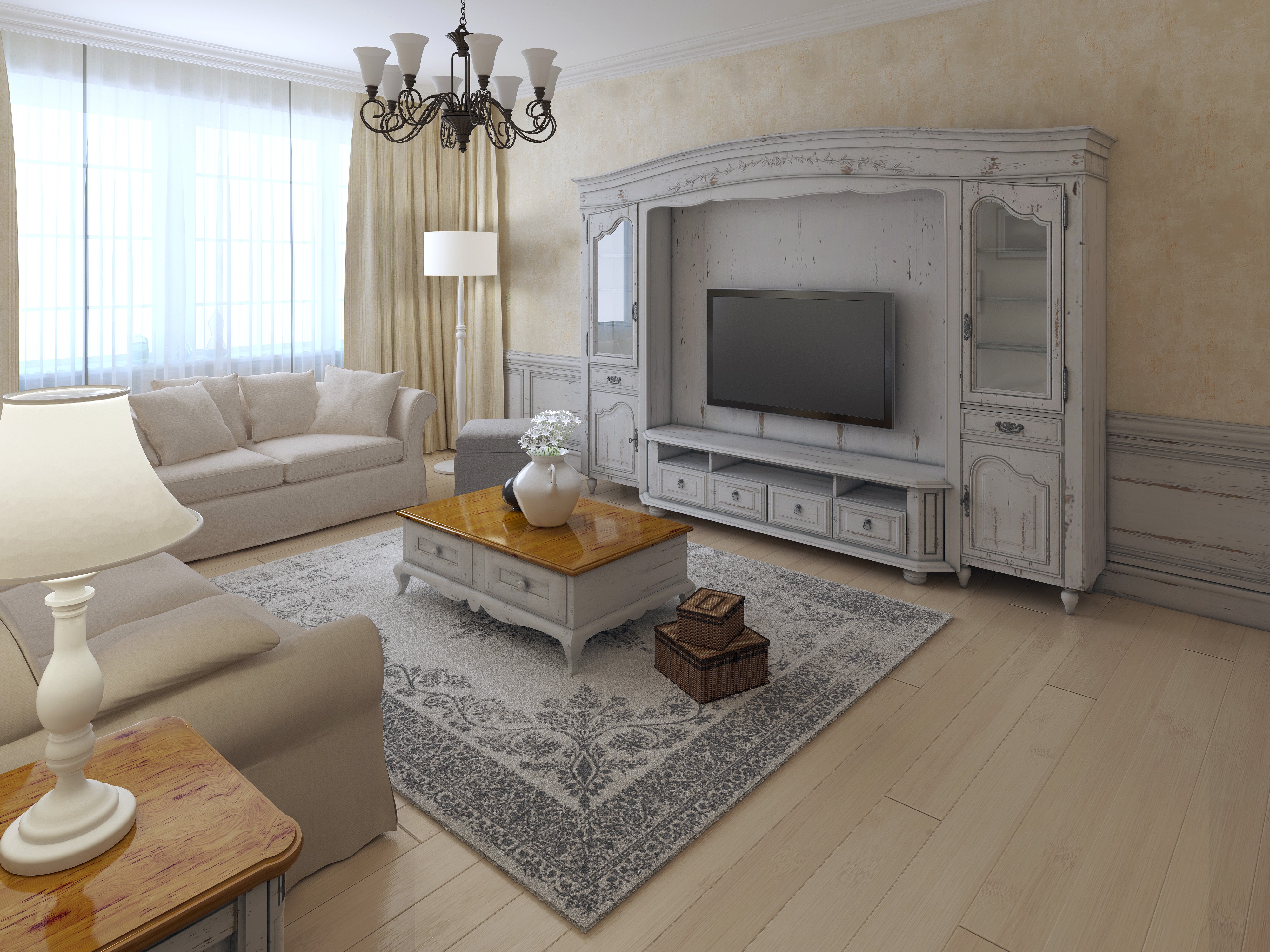 Living room with sofa, chandelier, and carpet HD Wallpaper