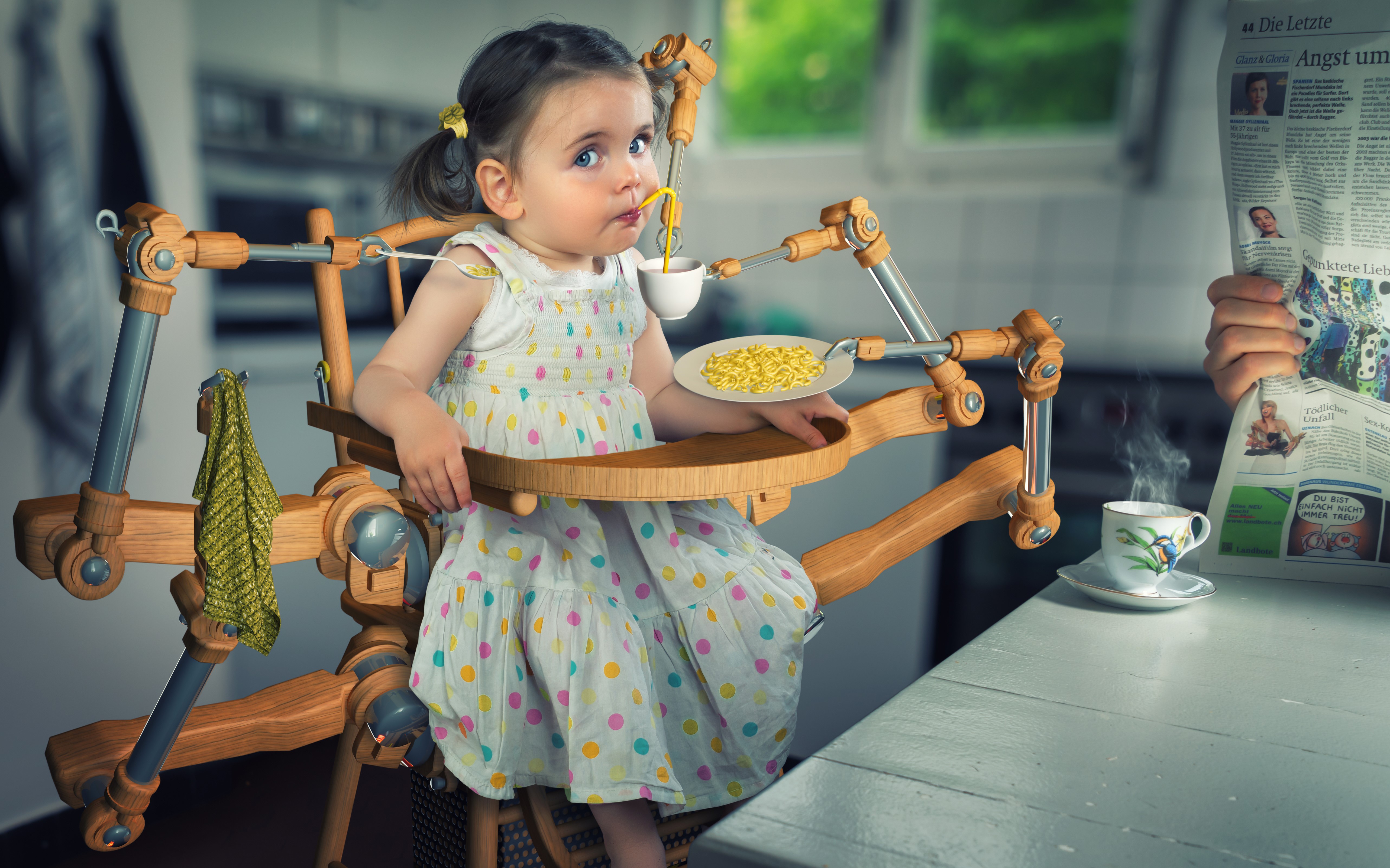 Little girl eating spaghetti with a robotic feeder HD Wallpaper