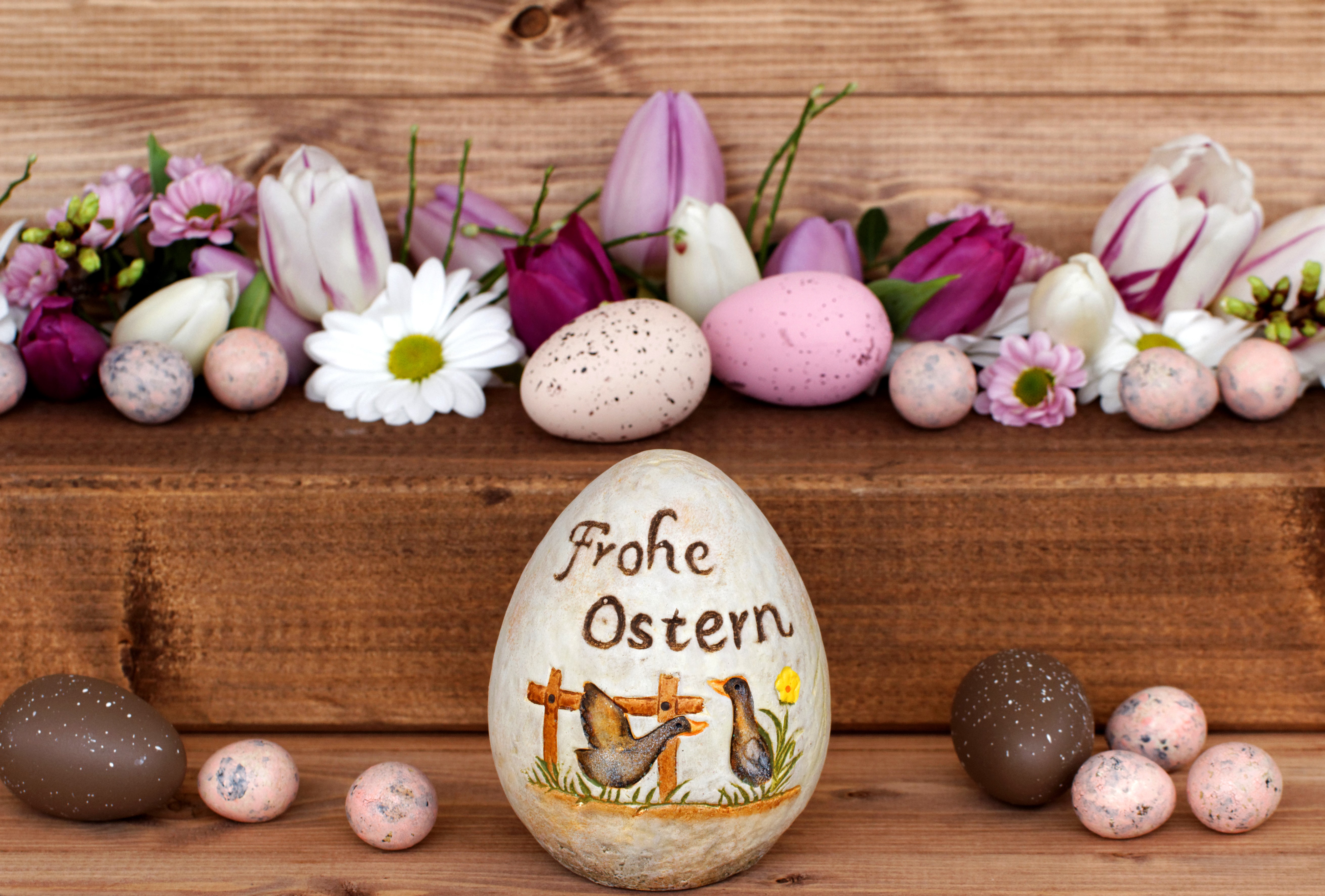 Easter eggs and tulips on wooden background HD Wallpaper