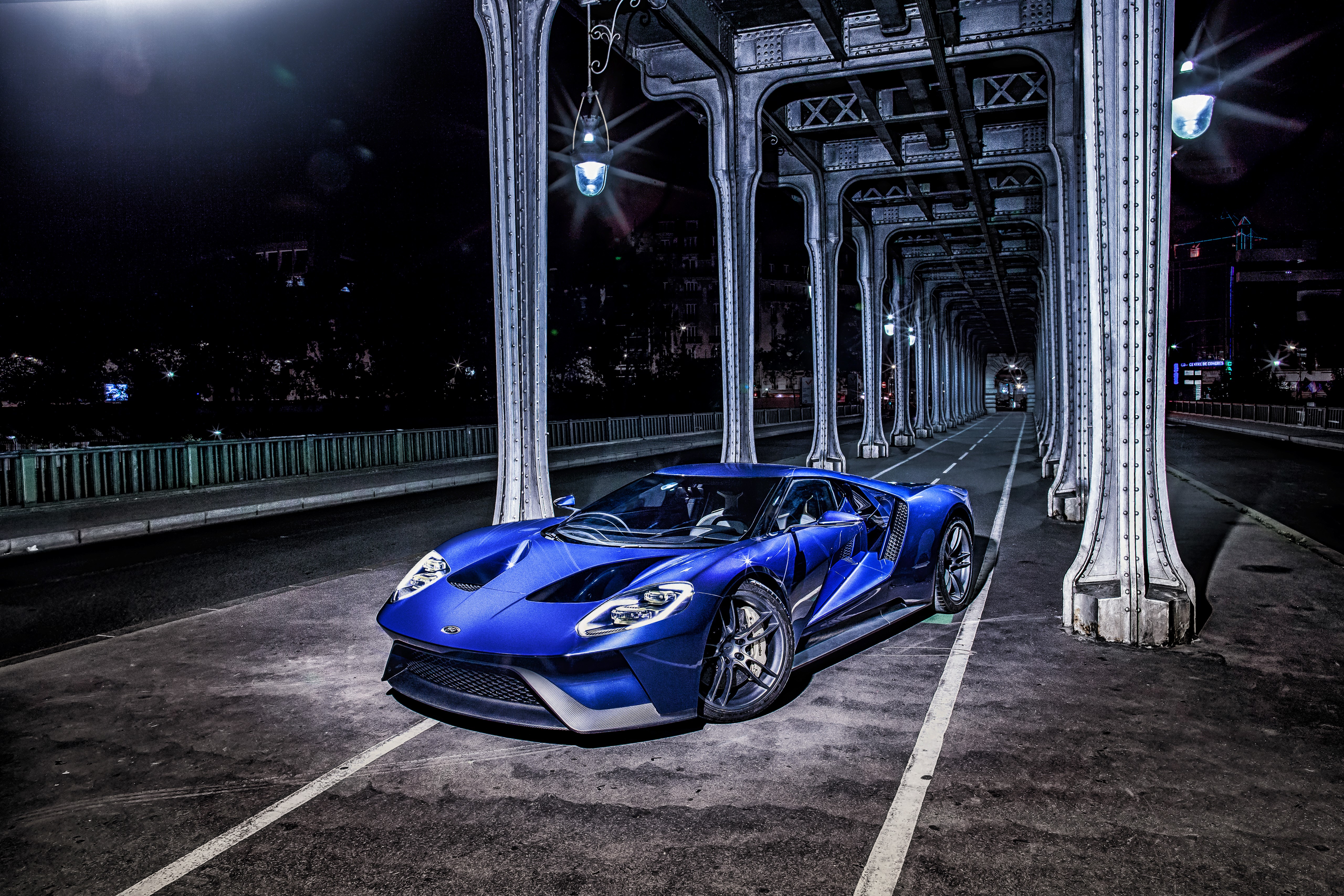 Blue Ford GT Concept car on a bridge at night HD Wallpaper
