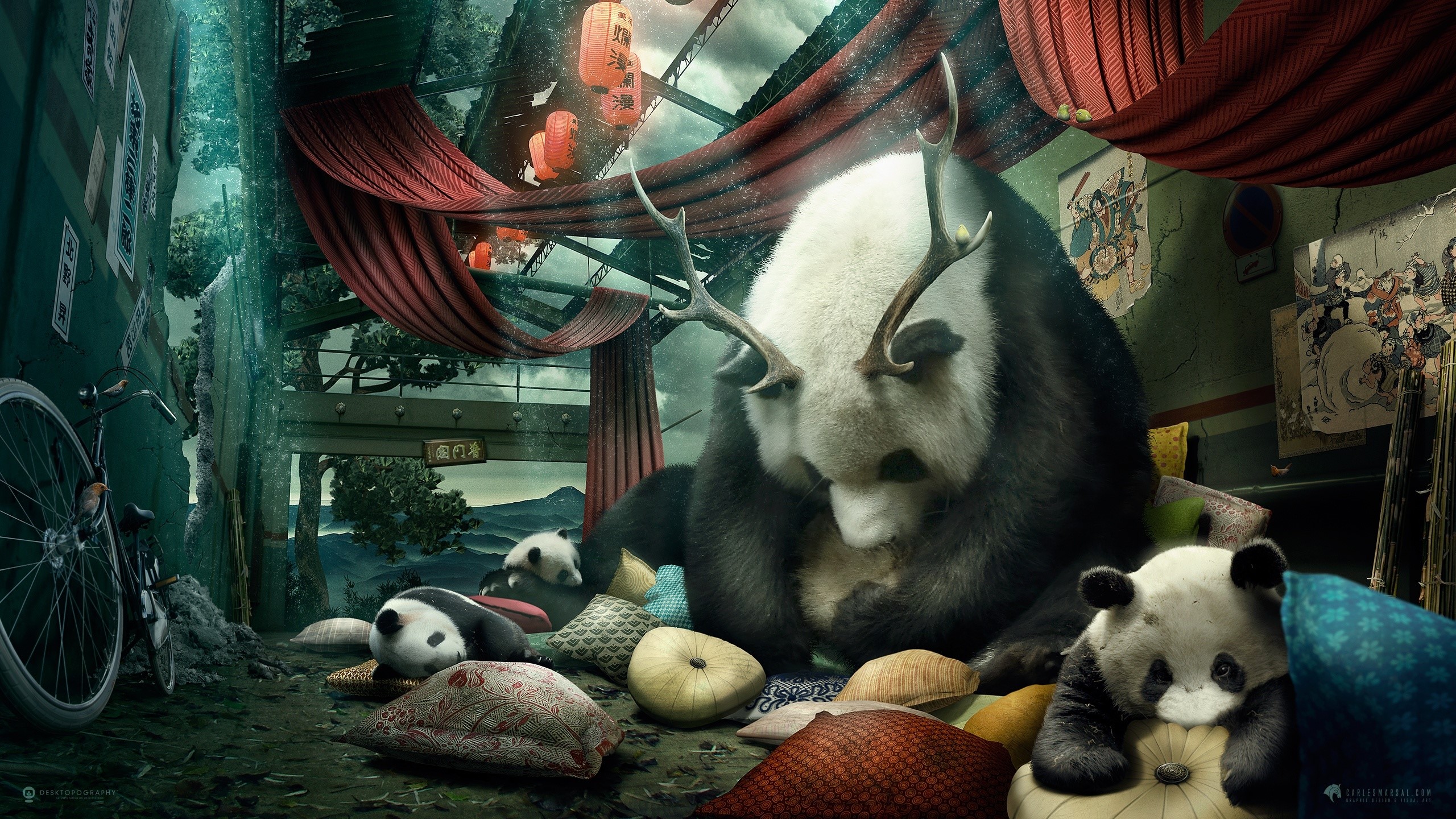Pandas with antlers in a surreal, overgrown environment HD Wallpaper