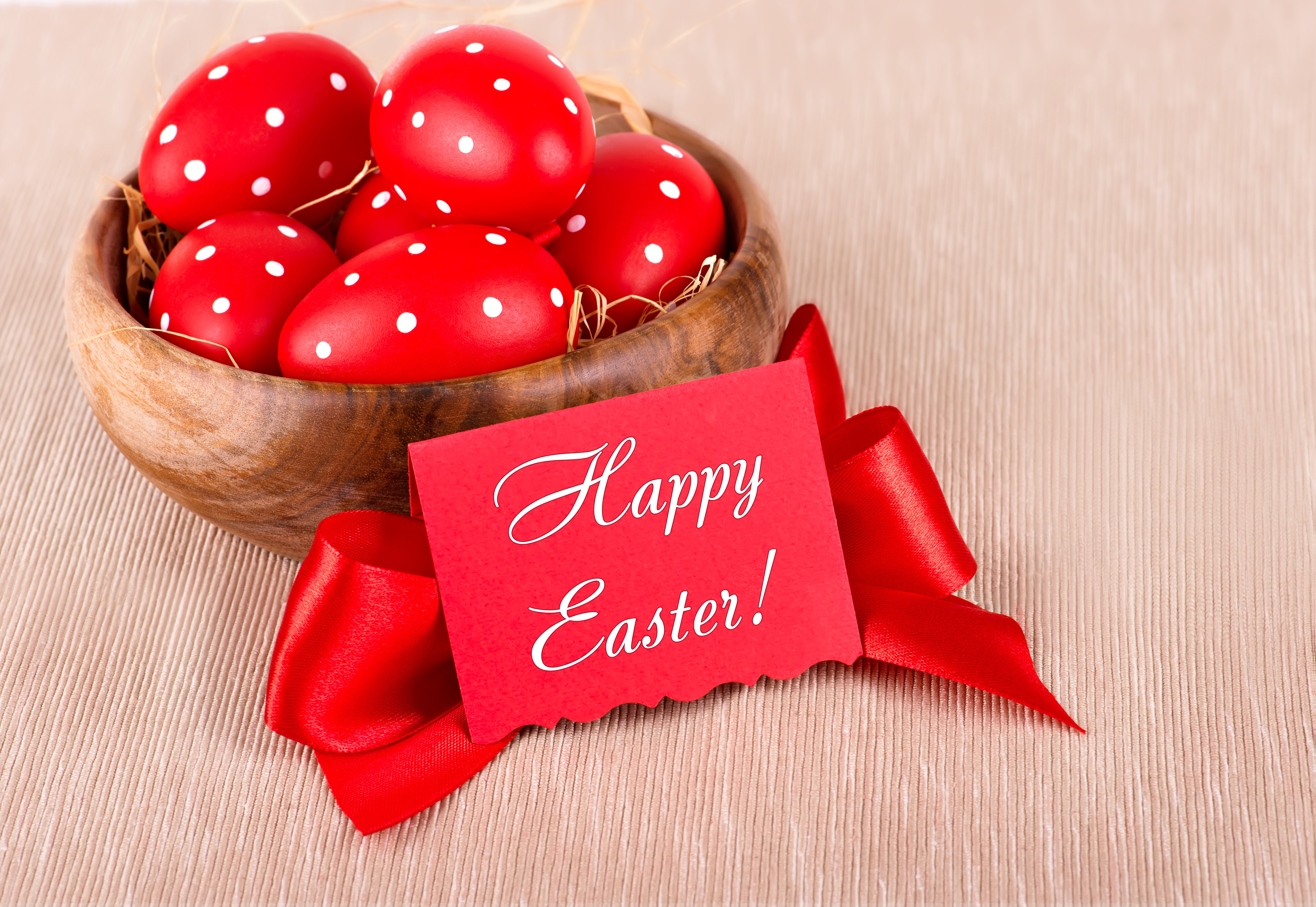 Red Easter Eggs in a Bowl with Happy Easter Card HD Wallpaper