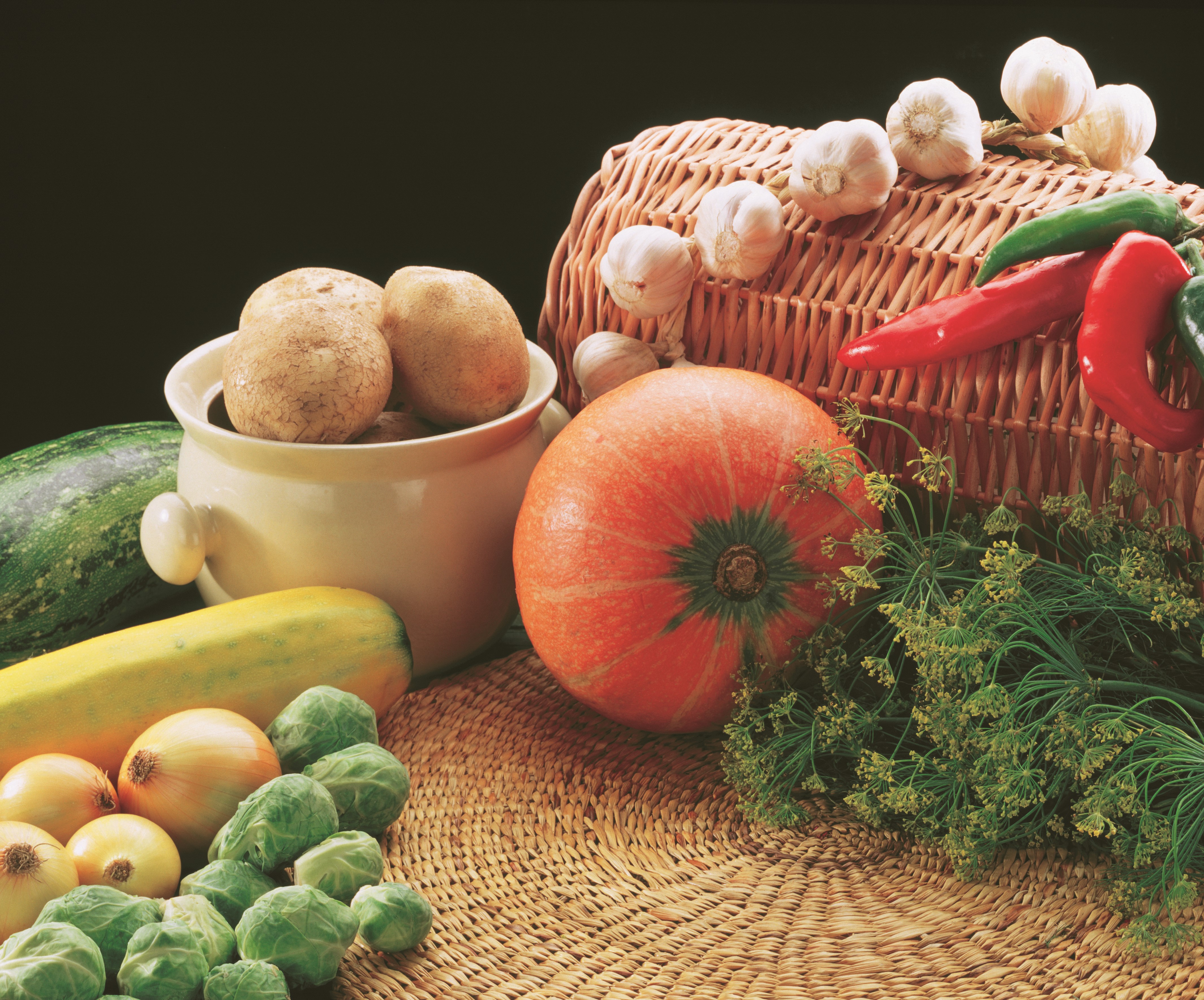 Vegetables: Pumpkin, Potato, Dill, Garlic, Onion HD Wallpaper